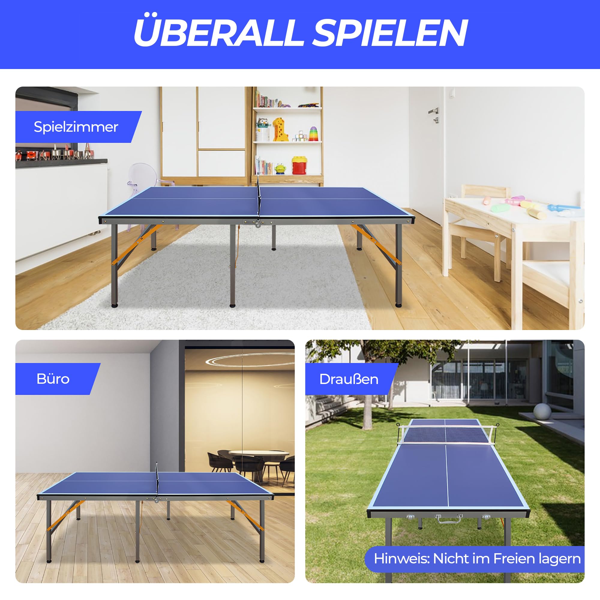 Tischtennisplatte Outdoor und Indoor - Klappbar mit Netz - Komplett-Set inkl. Tischtennisschläger-Set und Bällen - 6-Bein-Design mit Blauer Spielfläche