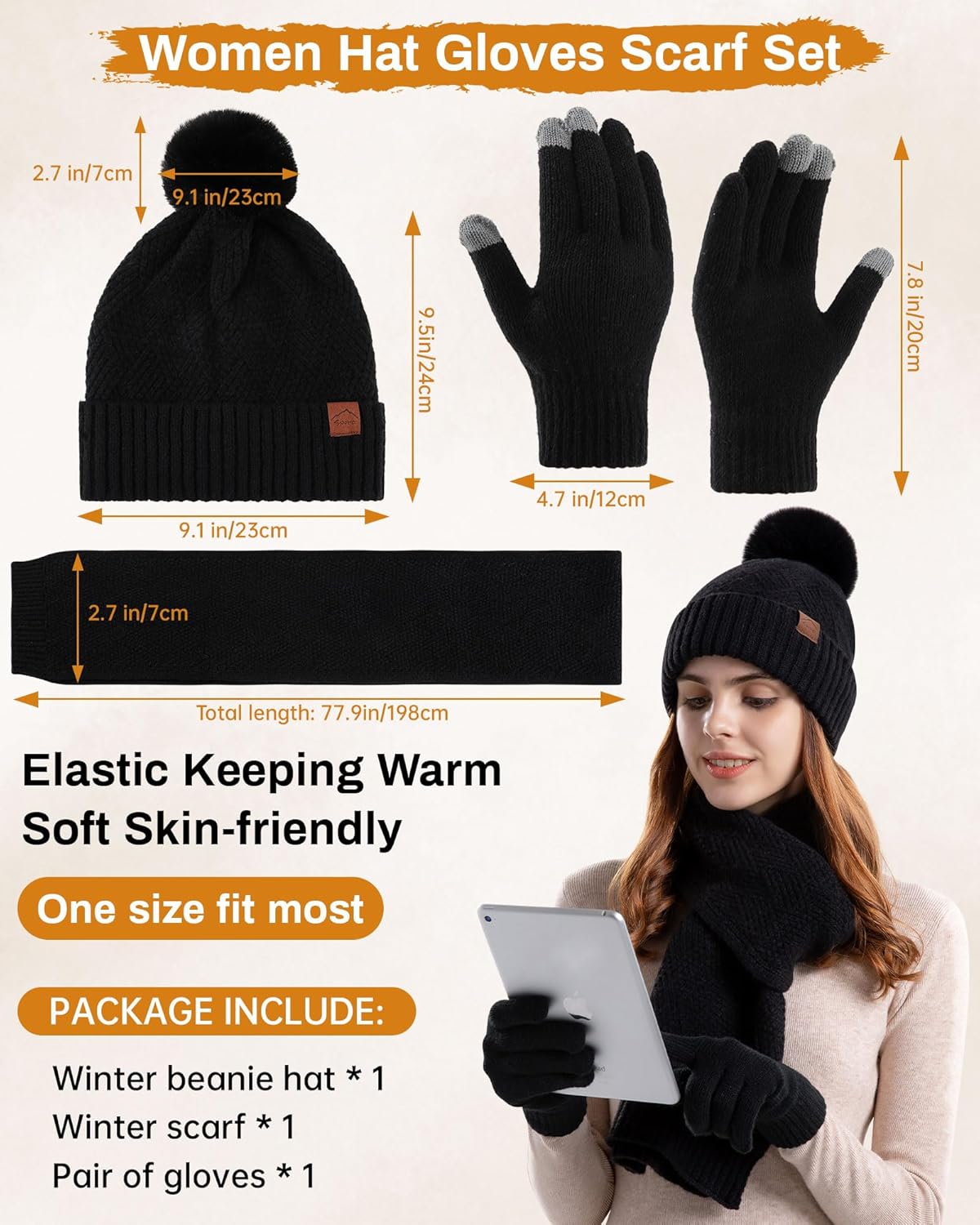 AWAYTR Winter Beanie Hat Gloves Scarf Set for Women - 3 Piece Knit Gift Set with Pom Pom Hat Touch Screen Gloves and Scarf - Image 4