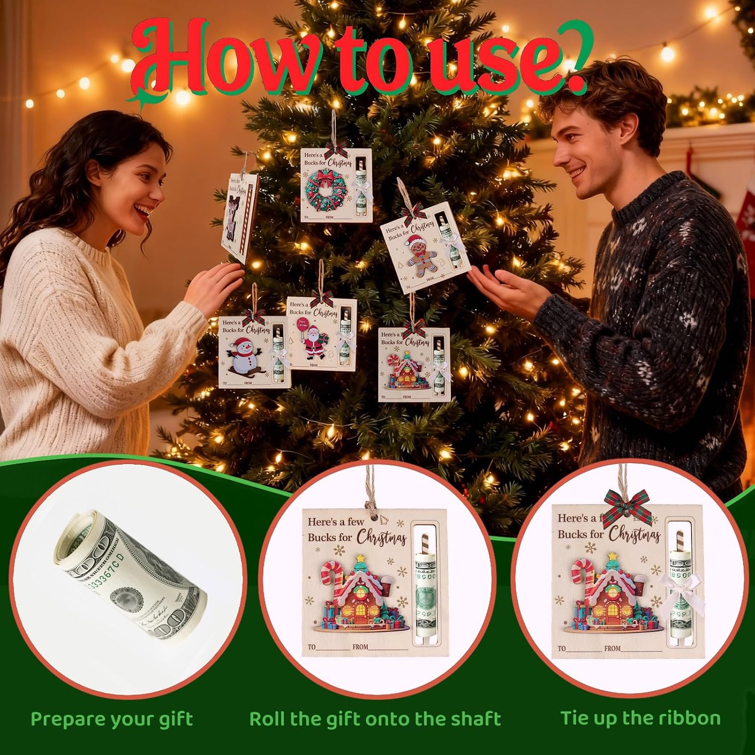 Christmas Money Holders for Cash 6 Pcs Fun Tree Ornaments Unique Xmas Handcrafted Wooden Bruh Holder Christmas Holiday Decorations Creative Ways to Give Money Gifts Party Pop up Favors image 3