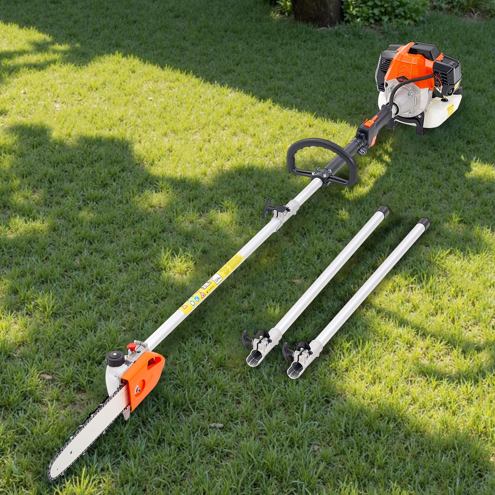 VEVOR Motosierra de Pértiga a Gasolina, Motosierra Inalámbrica de 43 CC y 2 Tiempos con Barra de Corte de 25,4 cm, Cabezal Giratorio, y Extensible de 2,16 a 3,66 m para Podar Árboles, Naranja