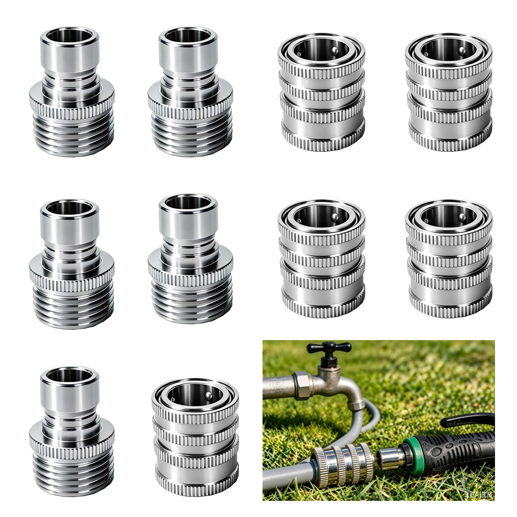 Set di 5 raccordi per tubo da giardino in acciaio inox, a connessione rapida, resistenti da 1,3 cm a 1,9 cm, kit di connettori a sgancio rapido per rubinetto, spruzzatore e tubo dell'acqua all'aperto