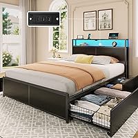 Vista 16 de Rolanstar Marco de cama twin con 4 cajones de almacenamiento, estación de carga y luces LED, cama de plataforma de metal con cabecera