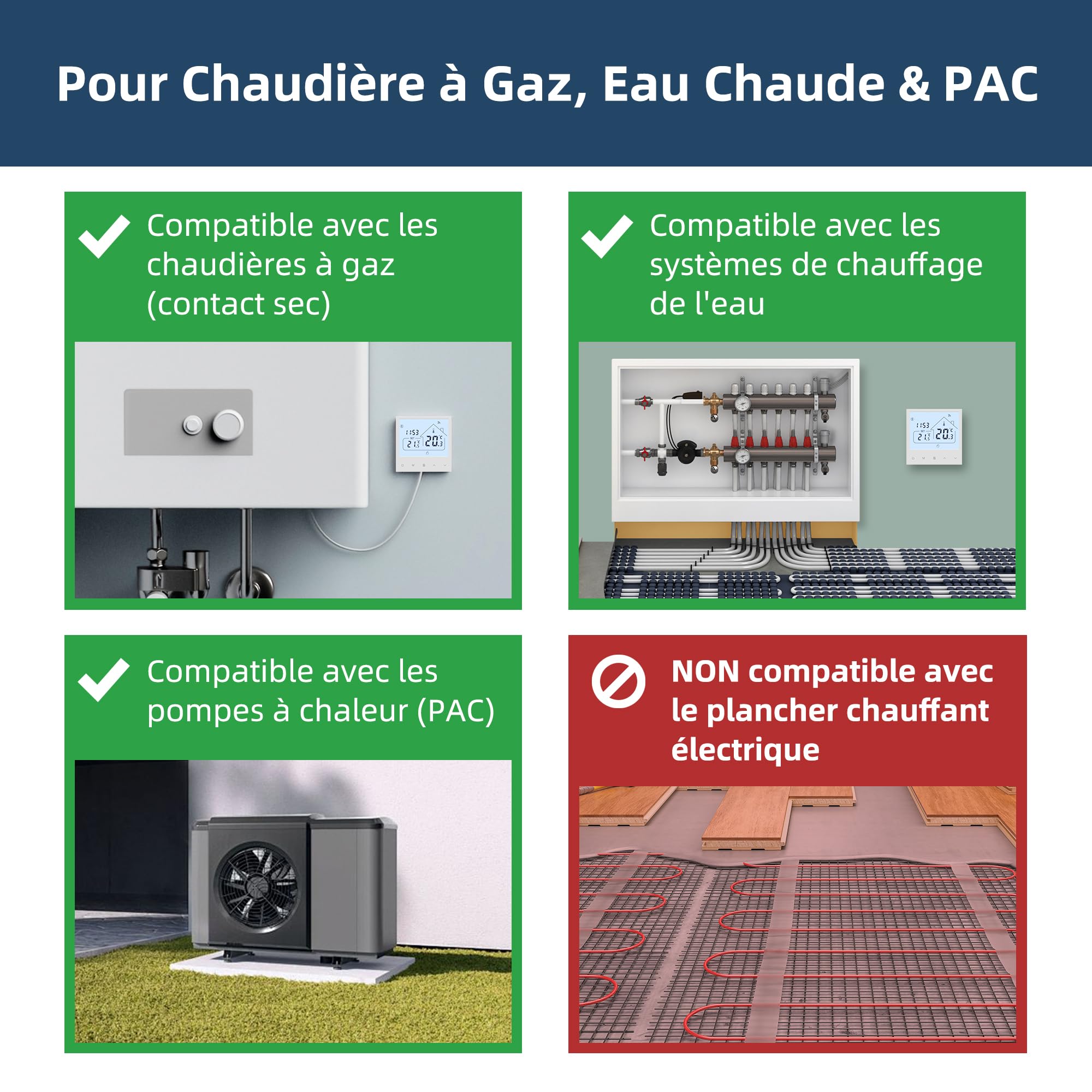 Beok Thermostat Connecté Grand Écran, WiFi pour Chaudière Gaz/Chauffage au Sol à Eau, Commande vocale Google Home & Alexa, Contrôle à Distance Via app Tuya Smart, Programmation journalière, 230V/3A