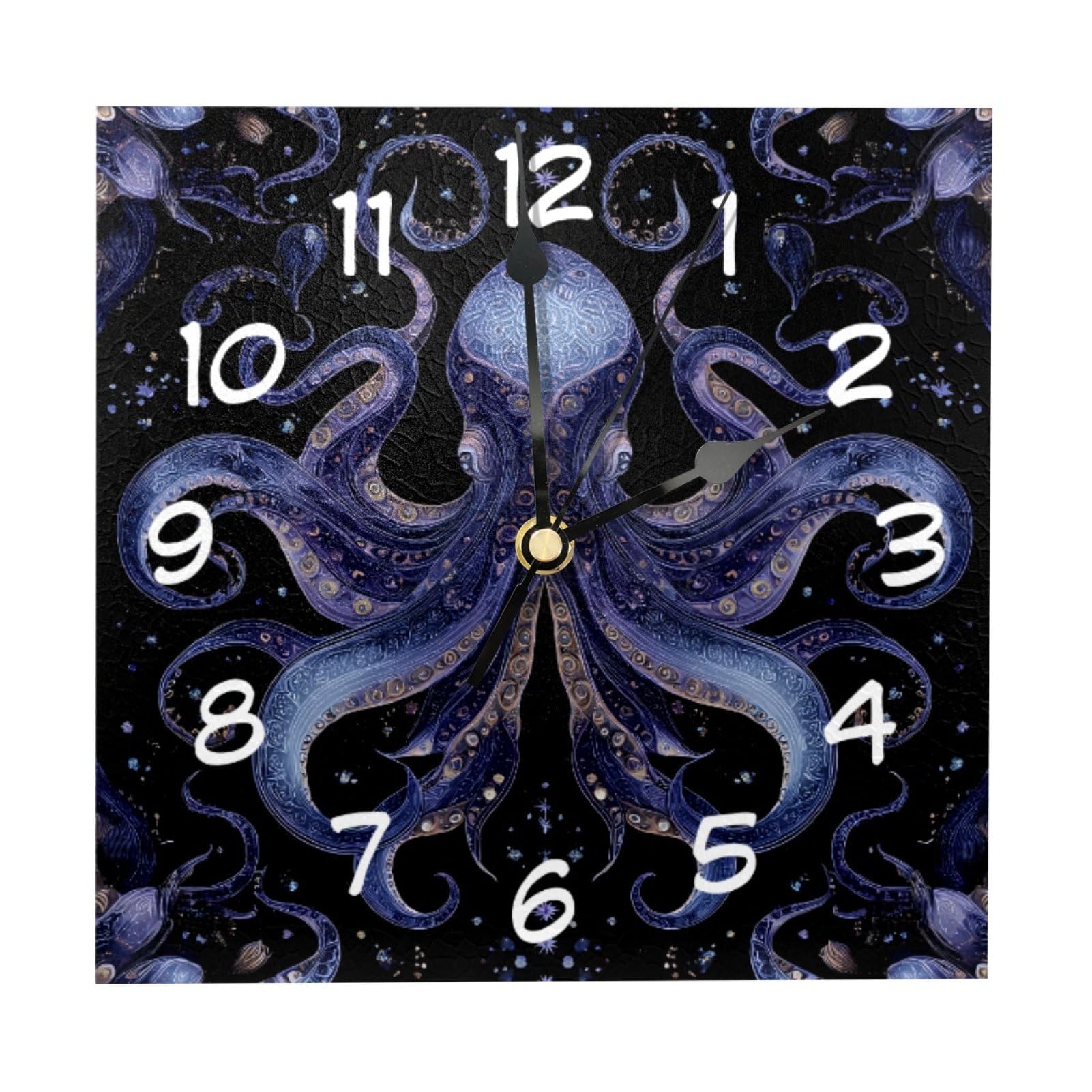 etoenbrc 8 Inch Square Wall Clock Silent Non-Ticking Octopus Purple Clock Battery Operated, Wooden Clock Decorative for Kitchen, Living Room Bedroom Office