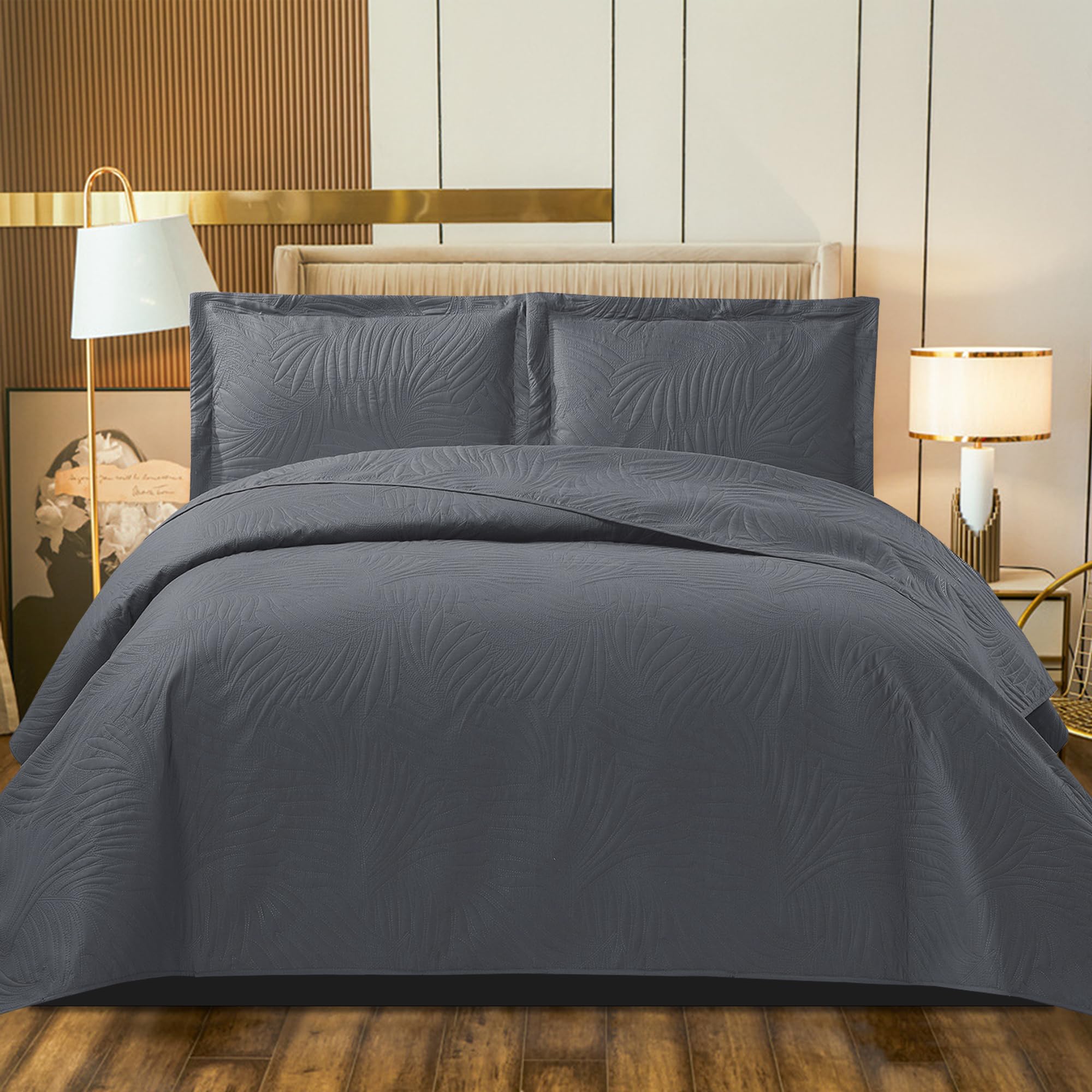 B&B Quilted Bedspread Bed Throws - Luxury Embossed Tropical Leaf Pattern Reversible Quilt Bedspreads Coverlets for Bedroom Decor with Matching Pillow Shams (Double, Grey)