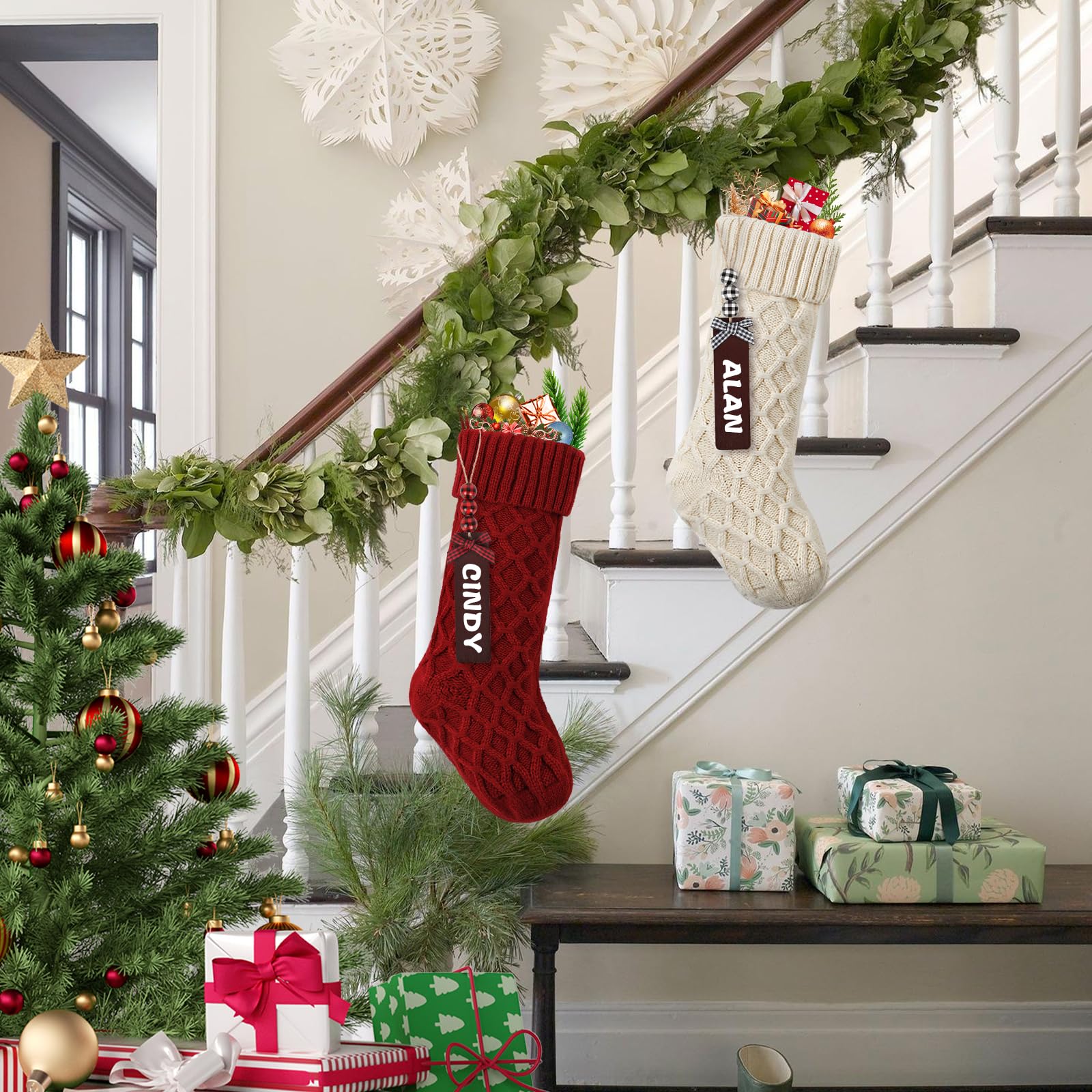 Lot De 2 Chaussettes De Noël Tricotées Épaisses – Décoration Cheminée Festive En Laine, Rouge/Vert/Blanc