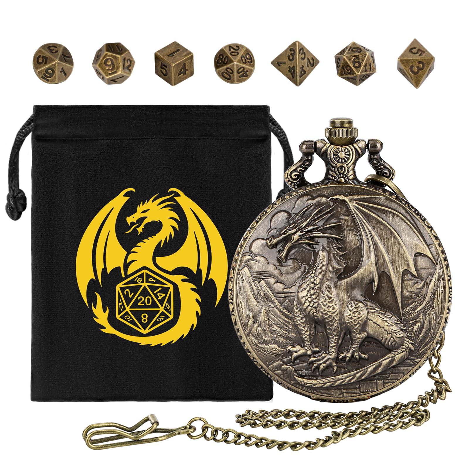 Mini DND Dice Set with Steampunk Dragon Pocket Watch Shell Case, 7pcs Polyhedral Metal DND Dice Set, DND Starter Set, D&D Gifts with Dragon Logo Gift
