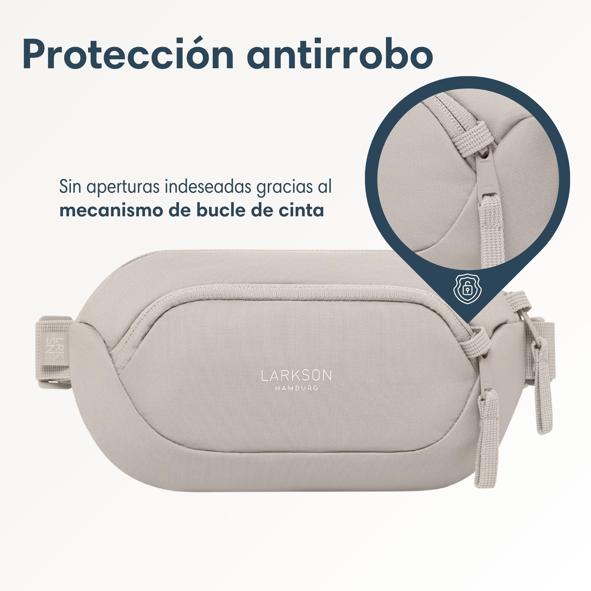 Larkson Bolso de Pecho Mujer y Hombre Beige - Helge - Bolsa en Bandolera con Bloqueador RFID y Trabillas Antirrobo sobre la Cremallera - Acolchado de Malla - Repelente al Agua