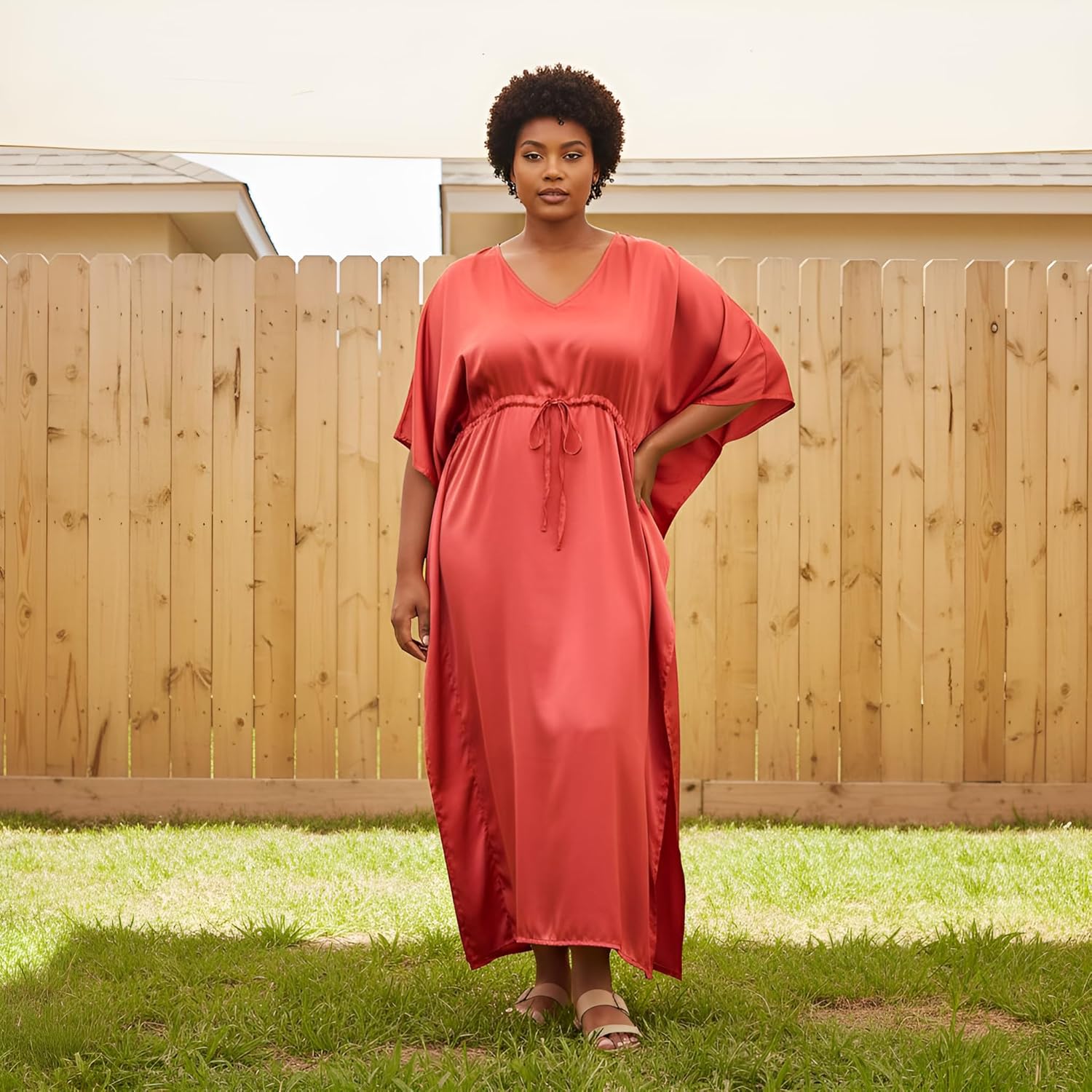 Oussum Women Plus Size Kaftan Dress Solid Satin Maxi Kimono Sleeves Night Gown Dresses Comfortable Lounge Wear for Ladies - Image 2