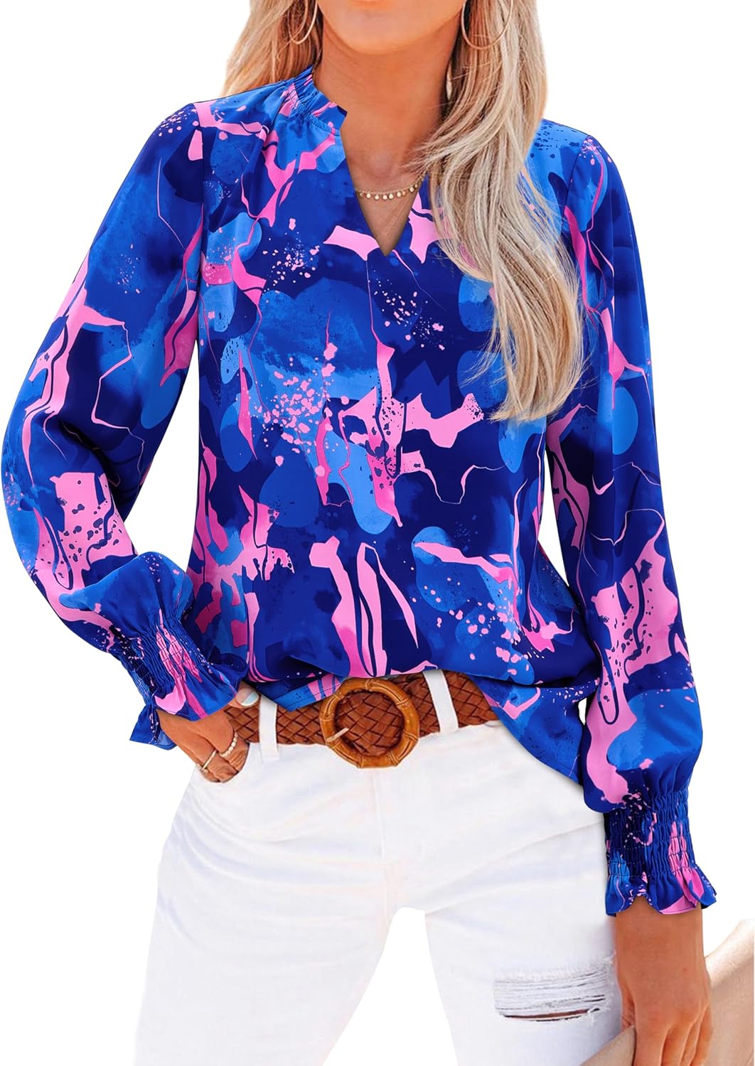 MASCOMODA Womens V Neck Floral Long Sleeve Tops 2026 Summer Casual Loose Puff Sleeve Chiffon Boho Work Blouse Dressy T Shirts