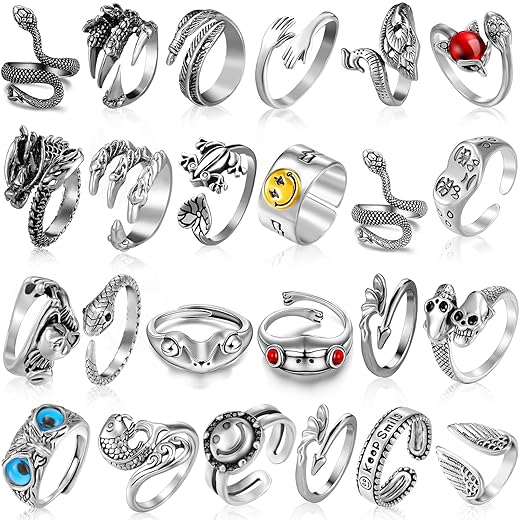Hicarer 24 Pieces Gothic Rings Set Adjustable Open Rings Vintage Animal Frog Snake Open Rings Cool Punk Gothic Stackable Ring Jewelry for Couples Men Women(Classic Style)