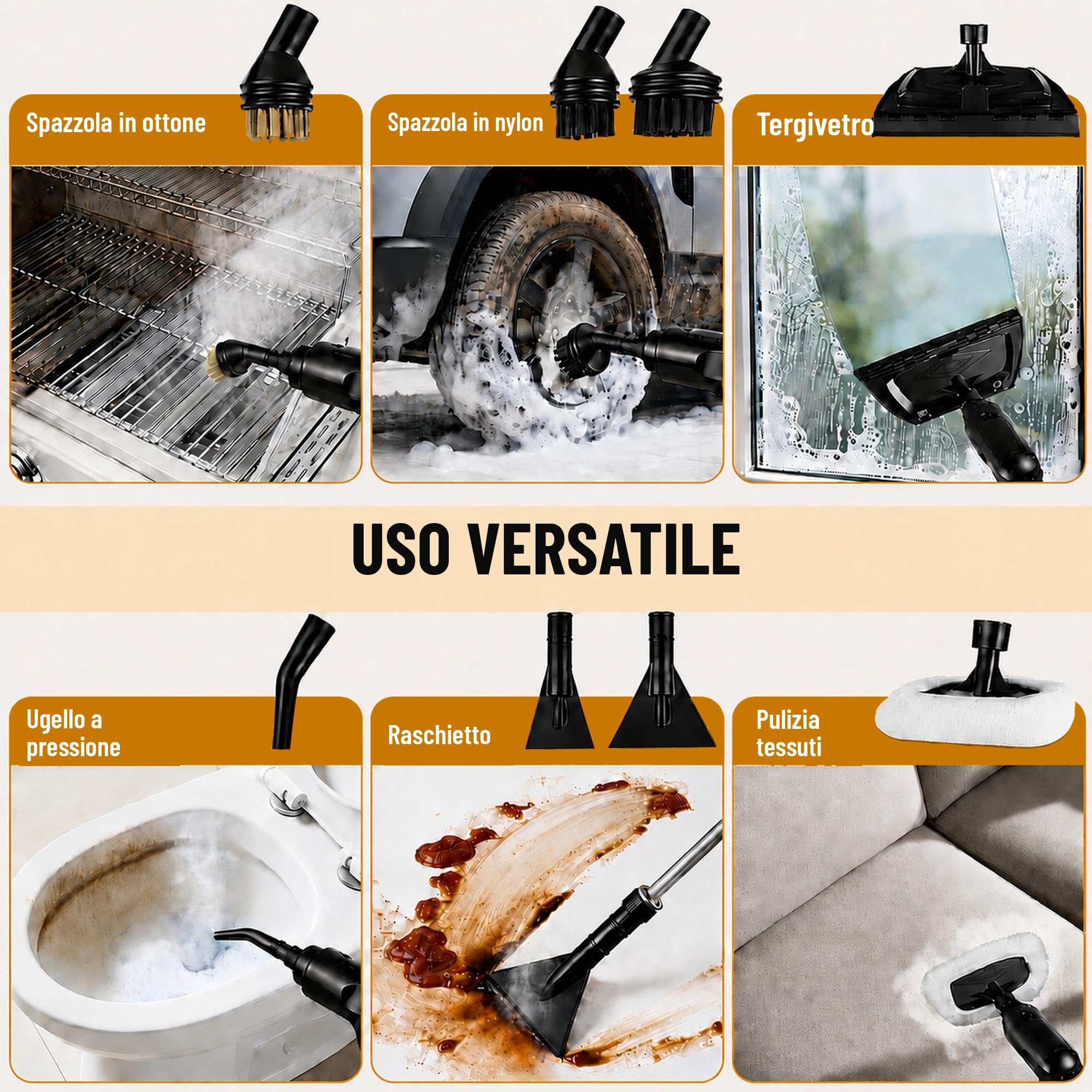 Pulitore a Vapore Portatile 17-in-1, Casa&Auto, Tempo Riscaldamento 10s, Serbatoio 1600ml, 3 Livelli Vapore Regolabili su Impugnatura, Raggio 4,5m, Accessori: Cucina, Bagno, Pavimenti, Finestre, Auto