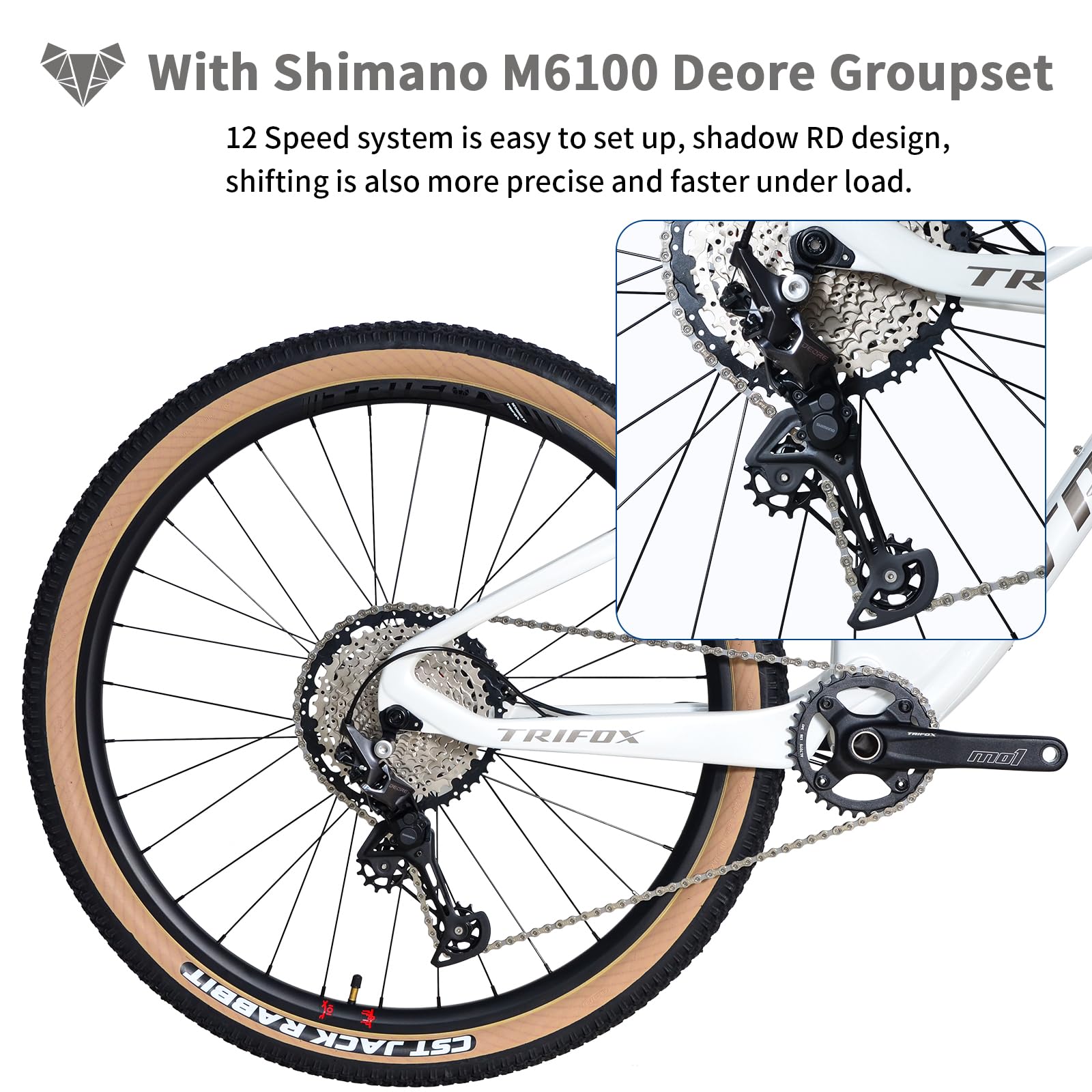 TRIFOX Carbon Full Suspension Mountain Bike with Shimano M6100 Deore Groupset 12-Speed, with Boost 29er Carbon Mountain Bike T800 Carbon Frame Carbon Integrated Bar, 140mm Travel Air Fork, Rear Shock