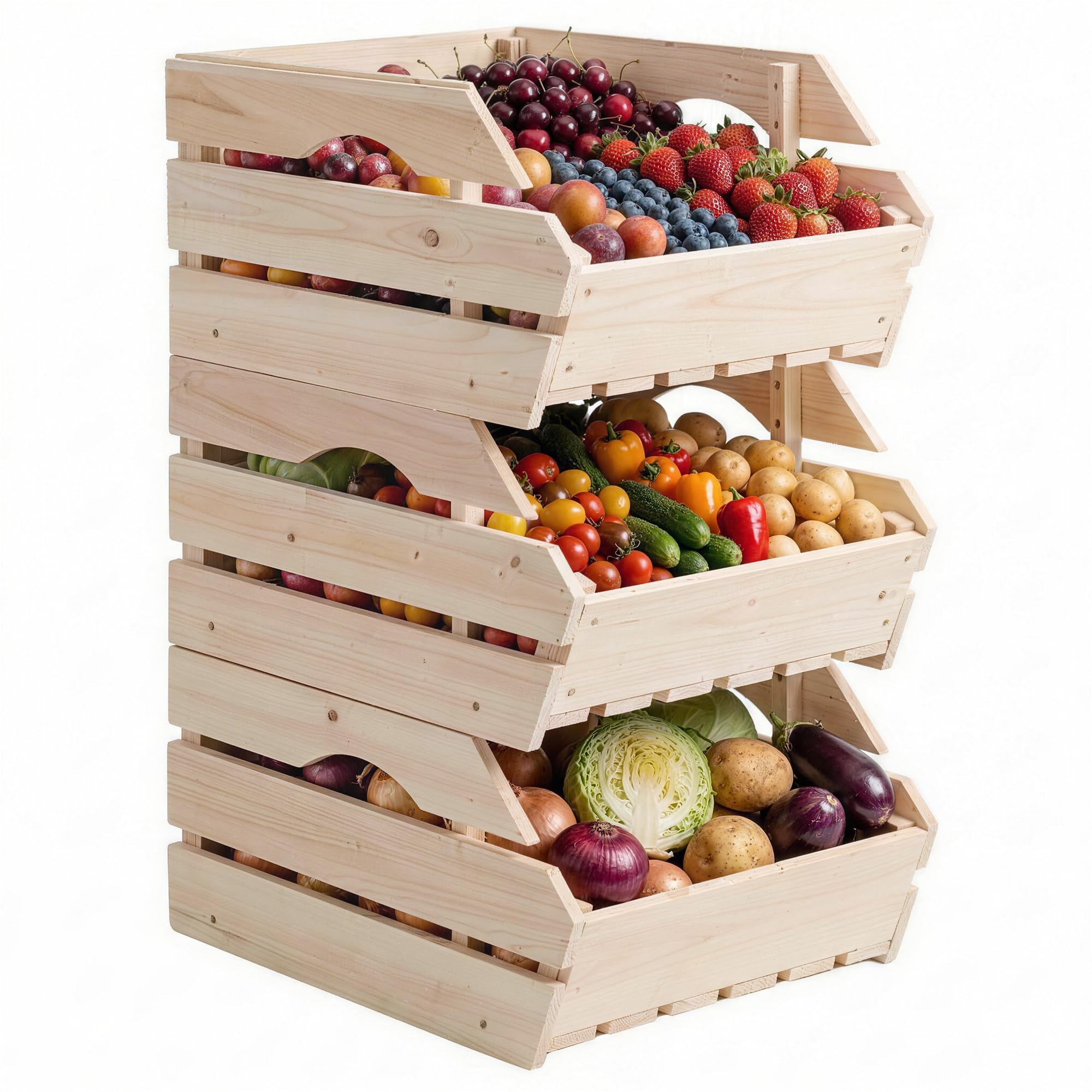 Outsunny Support de Corbeille à Fruits en Bois de Sapin à 3 Niveaux Amovibles, Panier de Rangement pour Légumes Facile à Déplacer, 27x37,5x60cm, Naturel