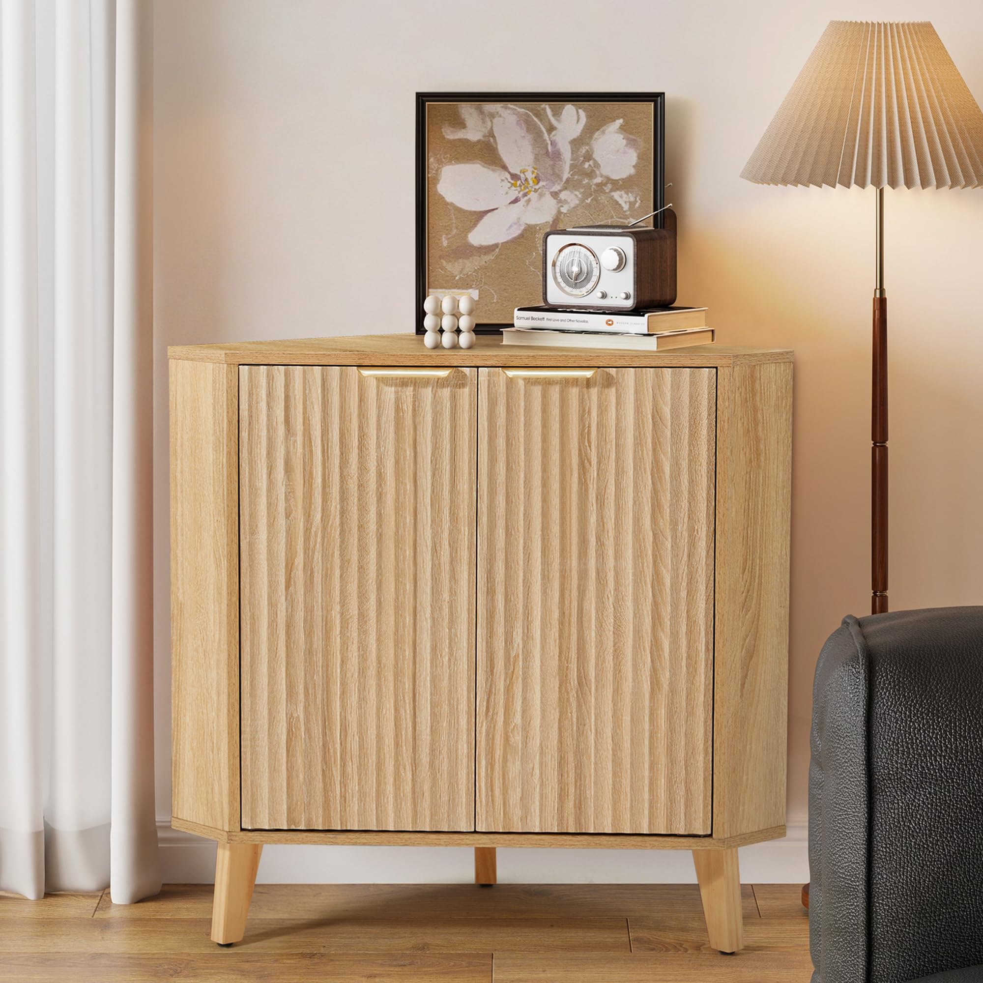HOMREST Fluted Corner Cabinet with Power, Small Corner Accent Cabinet with Storage, Adjustable Shelve, Space Saving Sideboard, Multifunctional