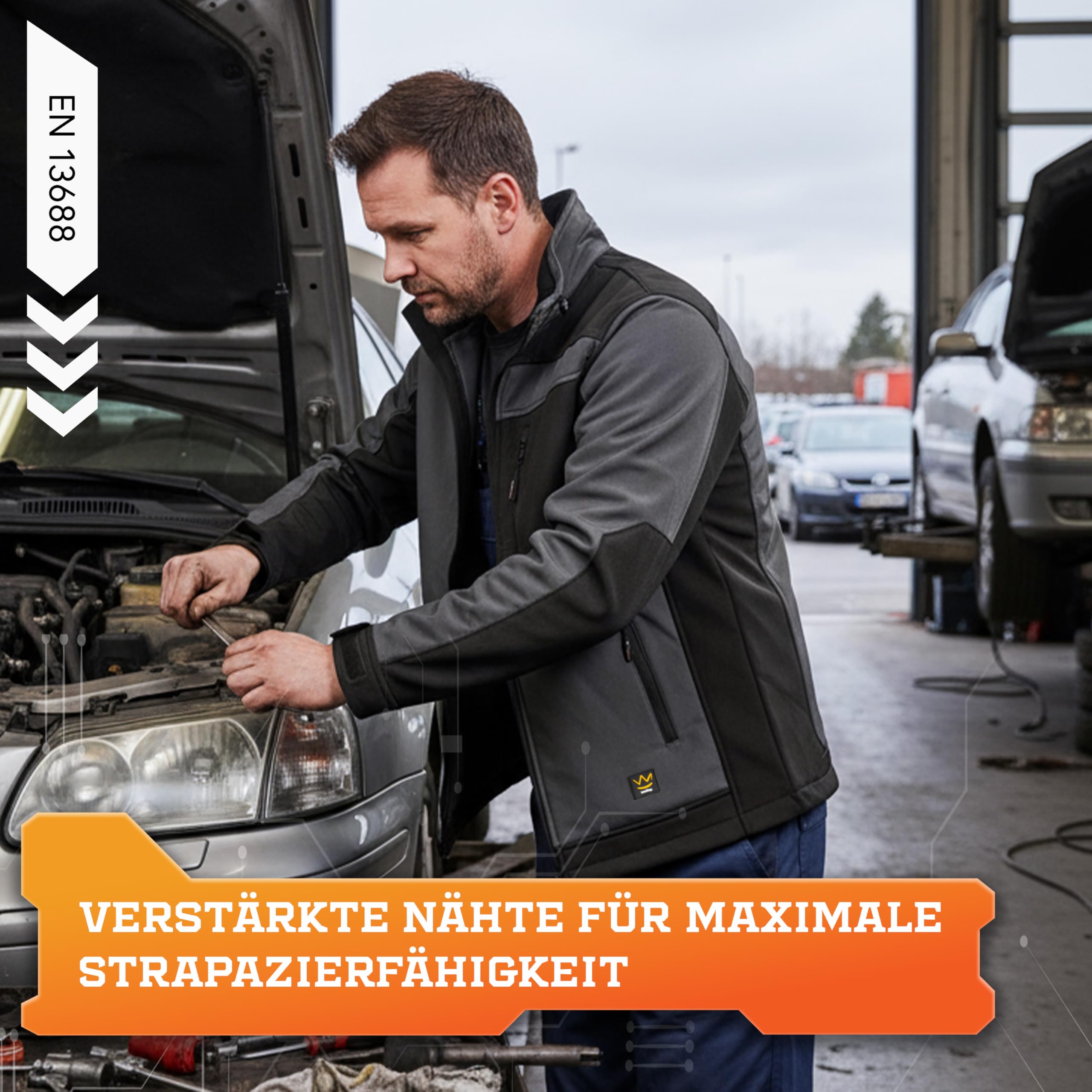 Seven Kings Softshelljacke für Herren – Arbeitsjacke mit Kapuze – wasserdicht (>3000mm) & atmungsaktiv - Übergangsjacke mit OXFORD-Verstärkungen, Reißverschluss und vielen Taschen