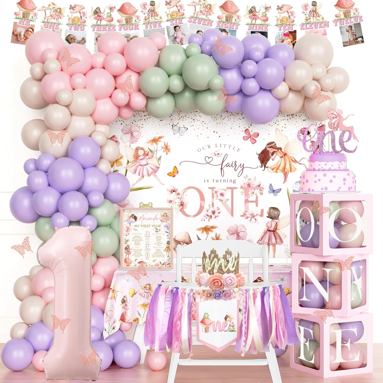Fairy First Birthday Decorations, Flower Themed 1st Birthday Party Decorations for Girl, Our Little Fairy is Turning One Backdrop Banner Tablecloth for Floral Forest Garden One Year Old Girl