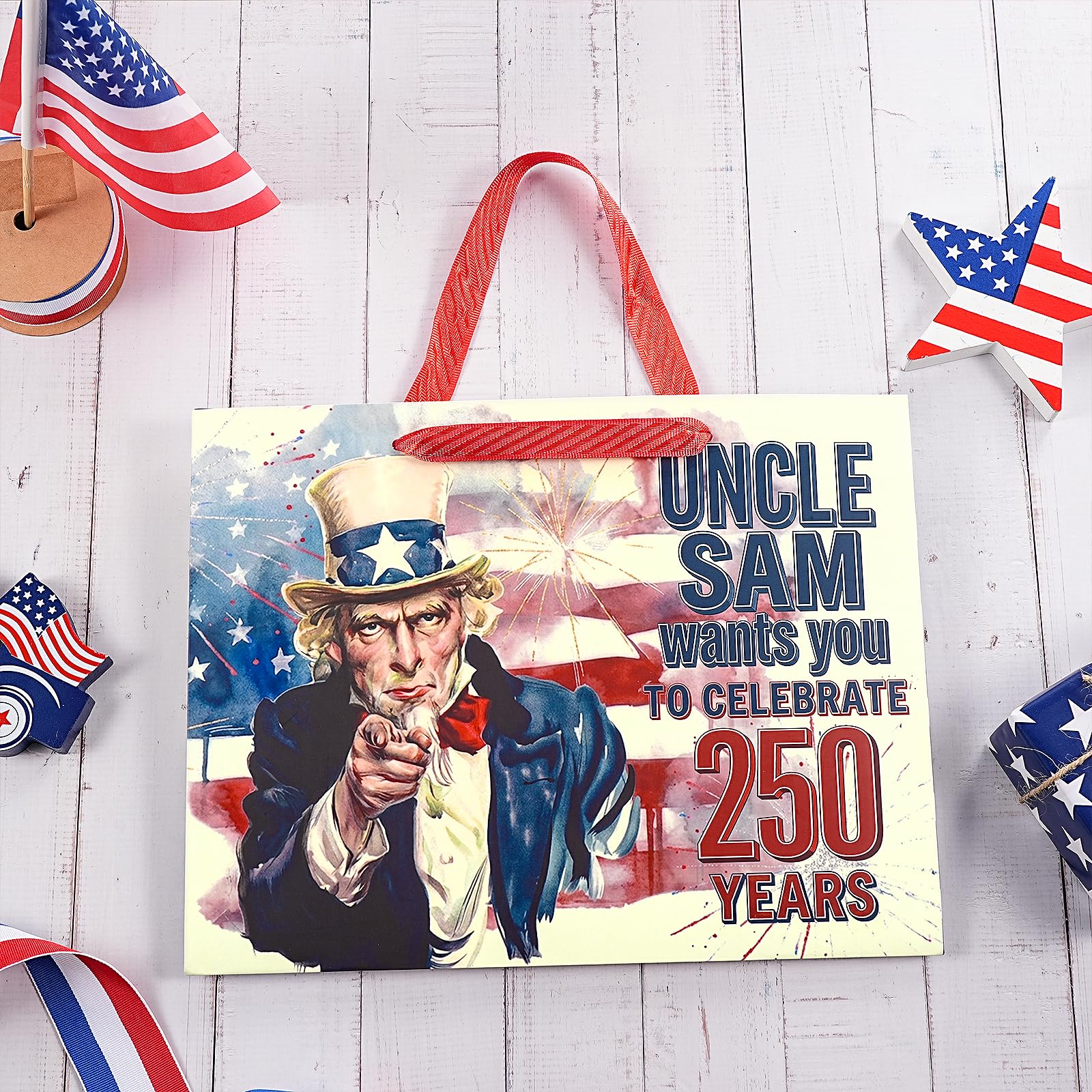 Loveinside 13" Large 250 Years Patriotic Gift Bag, Uncle Sam Red White Blue Design Gift Bag with Tissue Paper for 4th of July, America 250th Anniversary Celebration, 13" x 5" x 10", 1 Pcs
