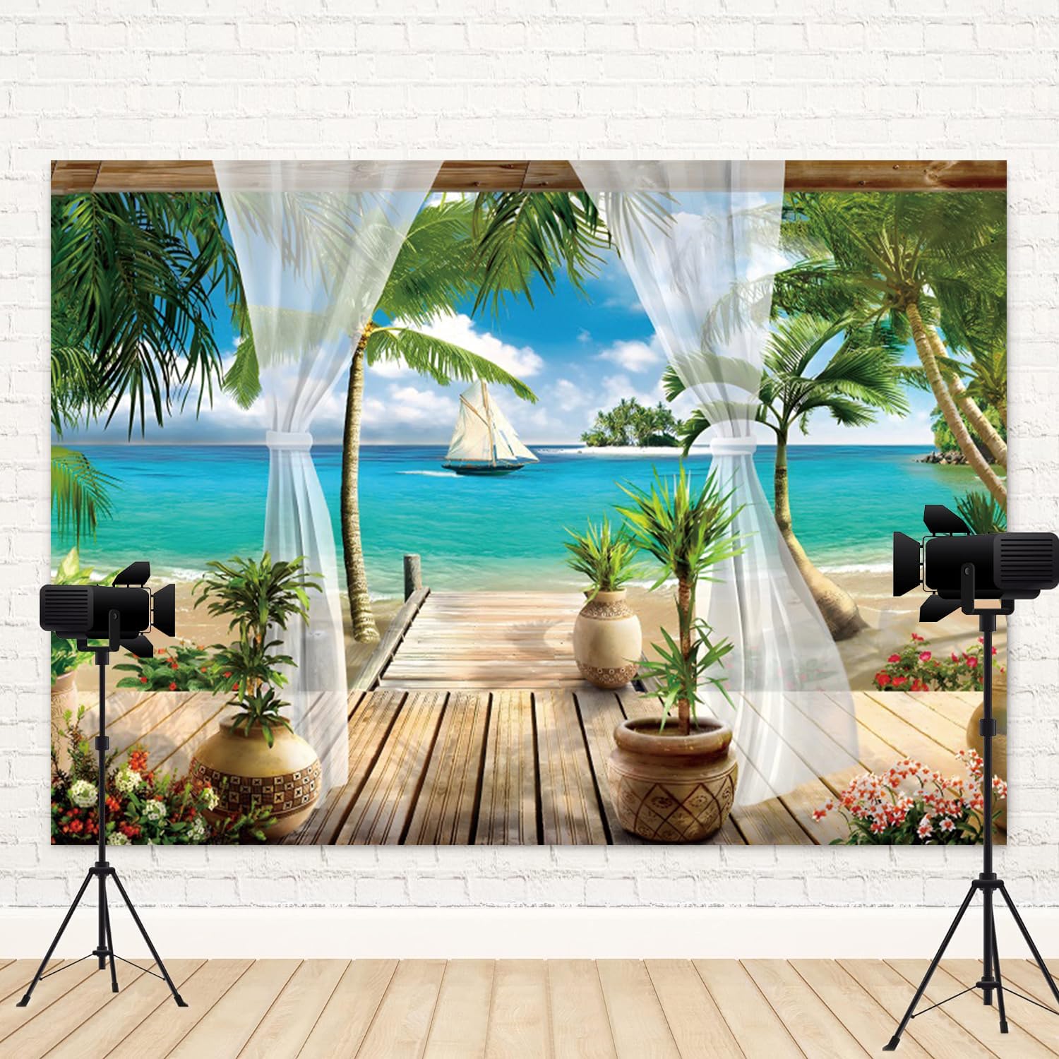 3 x 2,4 m mare tropicale sfondo paradiso spiaggia villa terrazza vista fotografia sfondo palme blu oceano isola barca a vela banner decorazioni estate festa a tema ritratto foto stand puntello