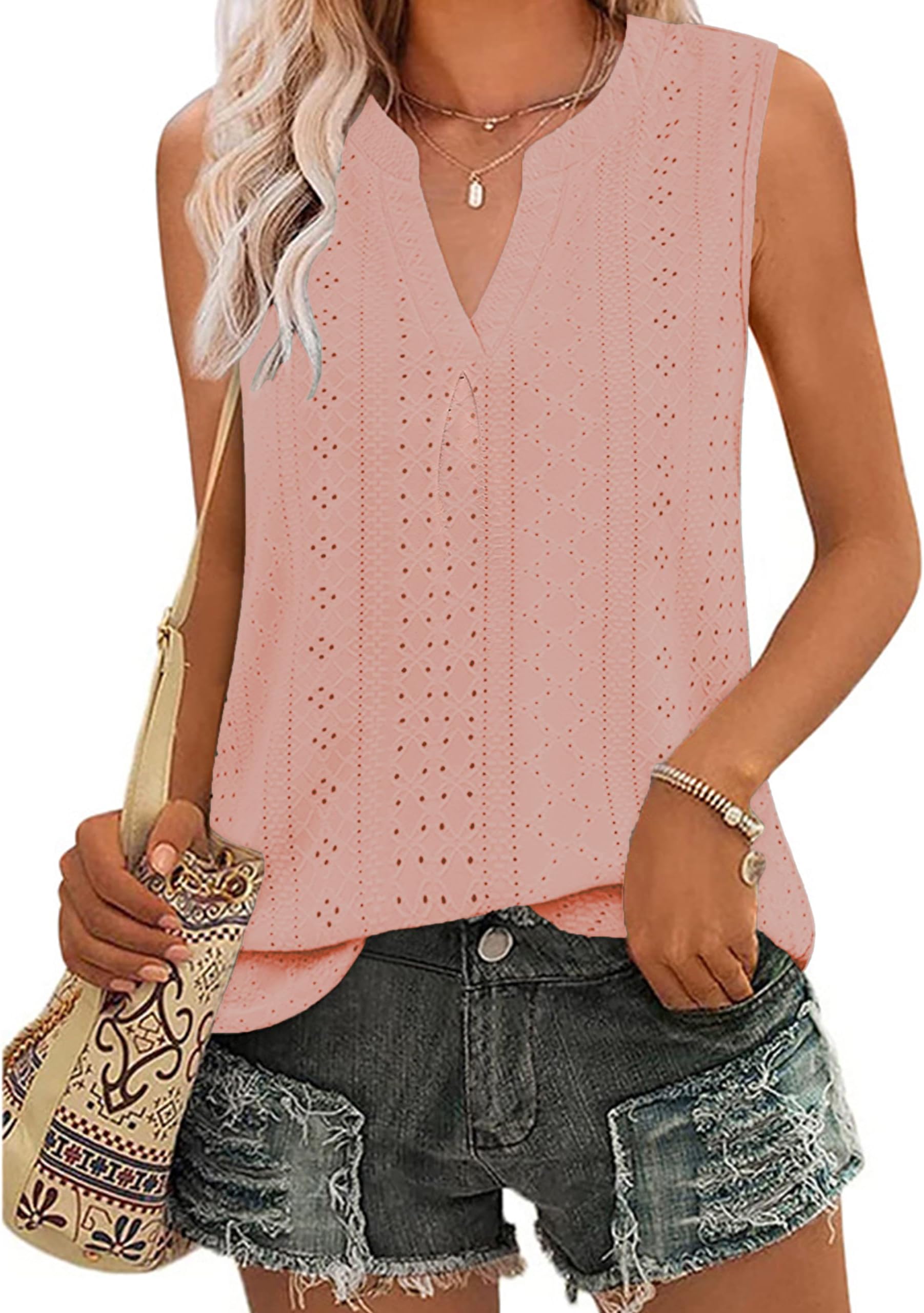 ZILIN Tank Top for Women Sleeveless V Neck Tops Dressy Casual Summer Blouses Trendy Eyelet Office Work Shirts