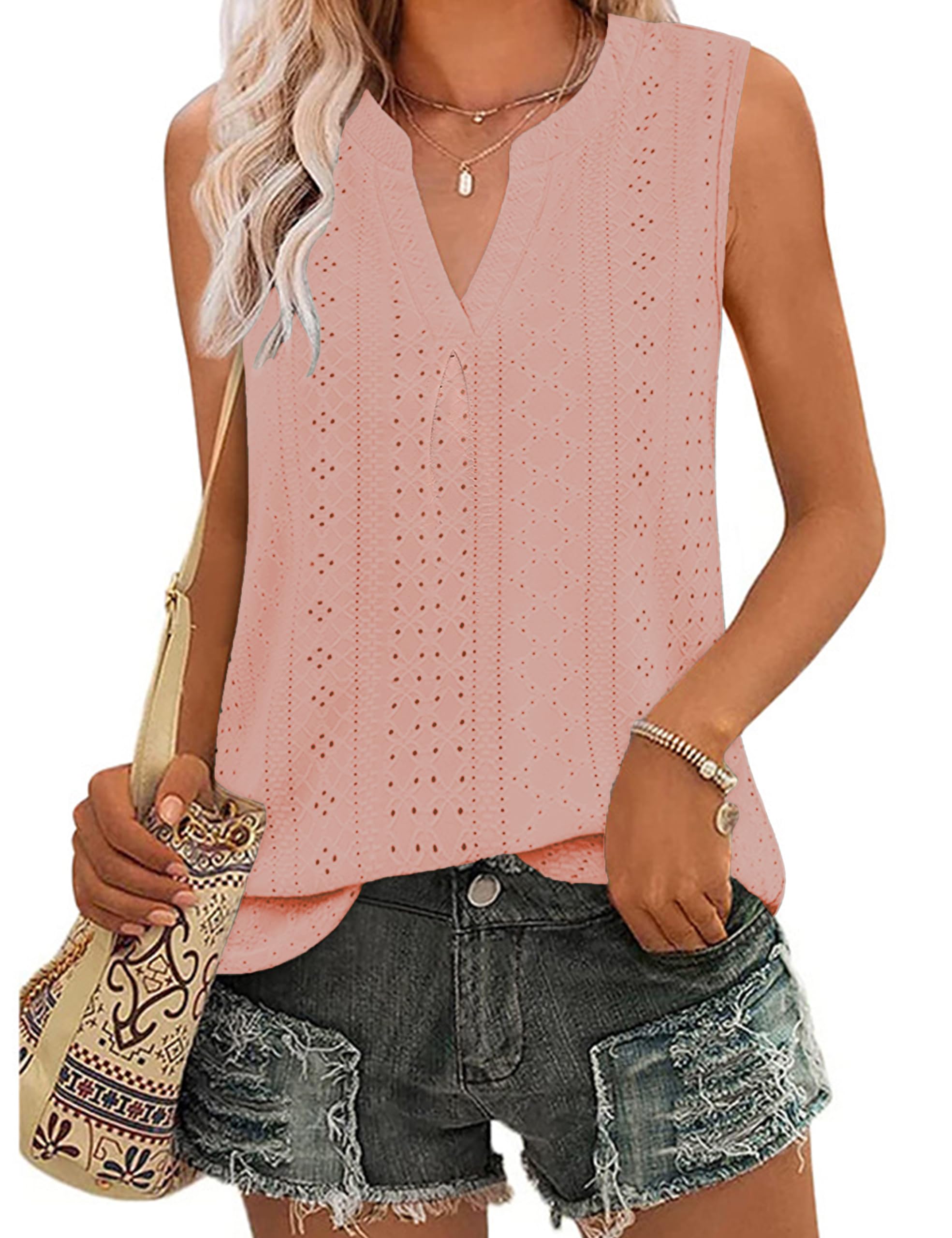ZILIN Tank Top for Women Sleeveless V Neck Tops Dressy Casual Summer Blouses Trendy Eyelet Office Work Shirts