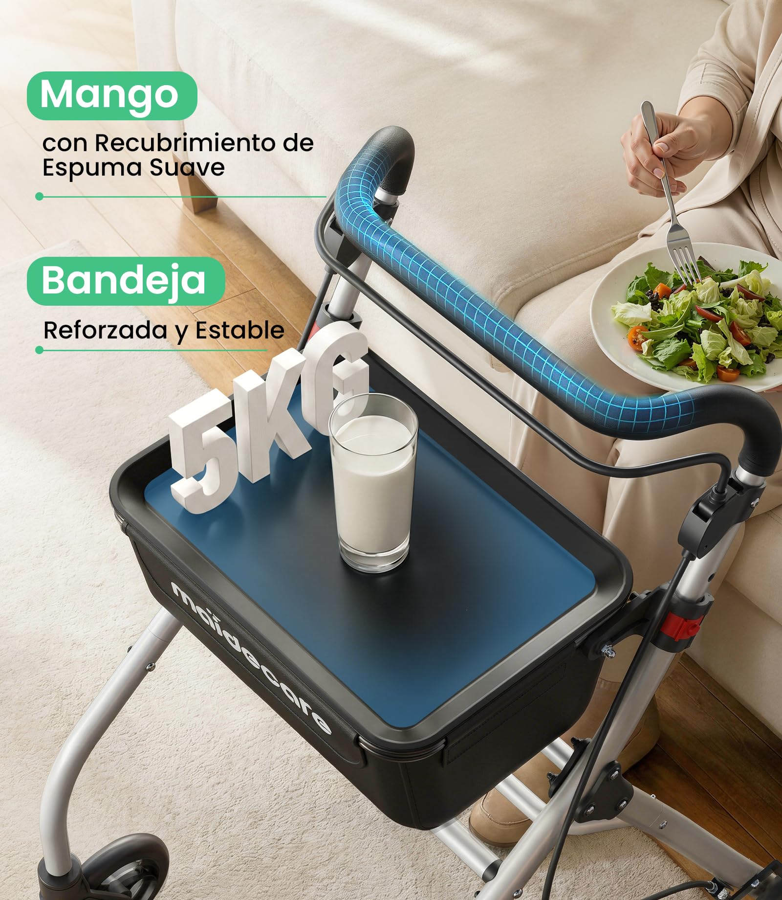 Andador para Ancianos, Andador Plegable con Asiento para Personas Mayores, Estrecho para Apartamento, Modelo de Interior Plegable y Ligero con Bandeja y Bolsa de Tela, 4 ruedas, Aluminio, Blanco