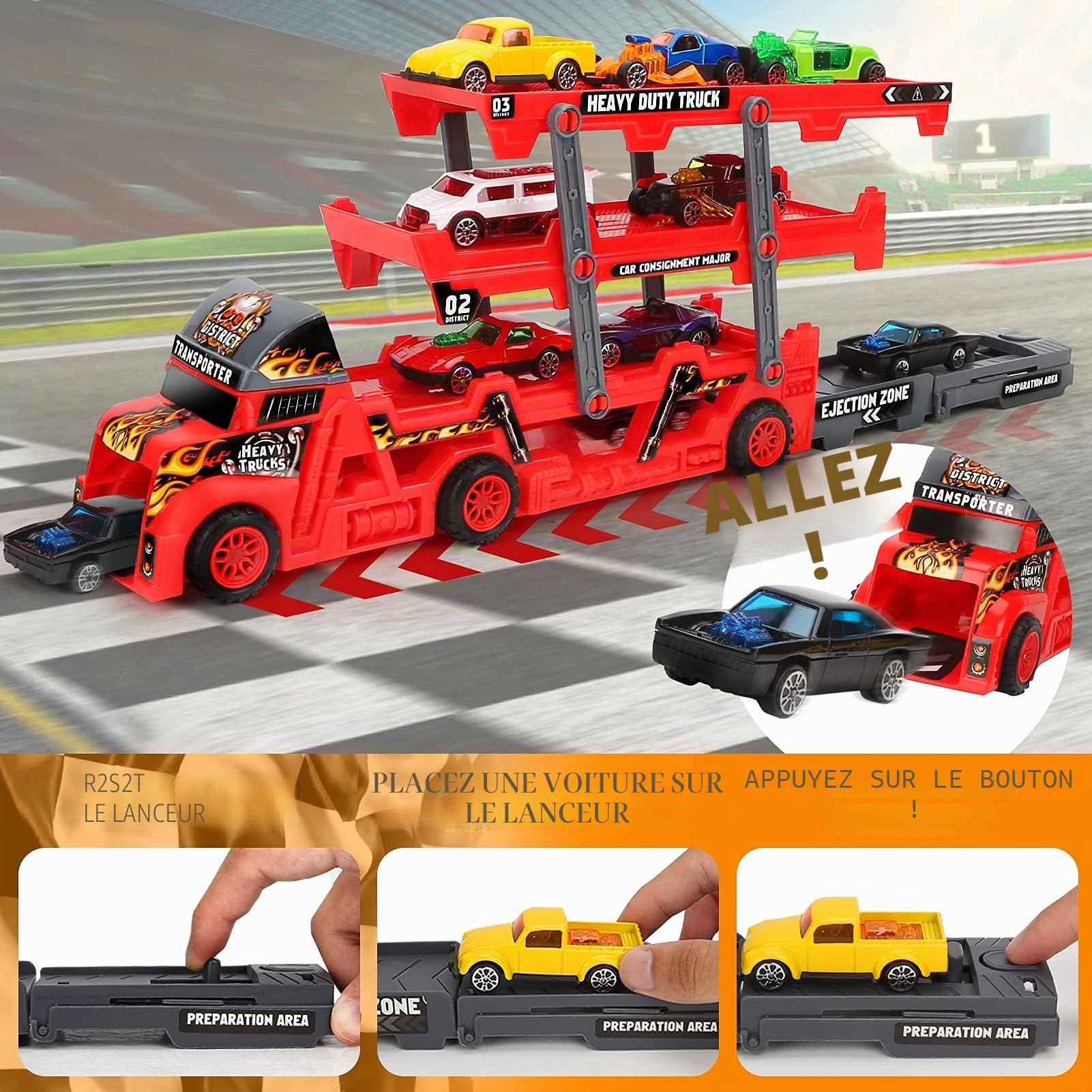 Camion de Transport Voiture Enfant avec Petite Voiture, Panneaux Route, Cadeau Camion Jouet pour 3 4 5 Ans Garcon (Rouge)
