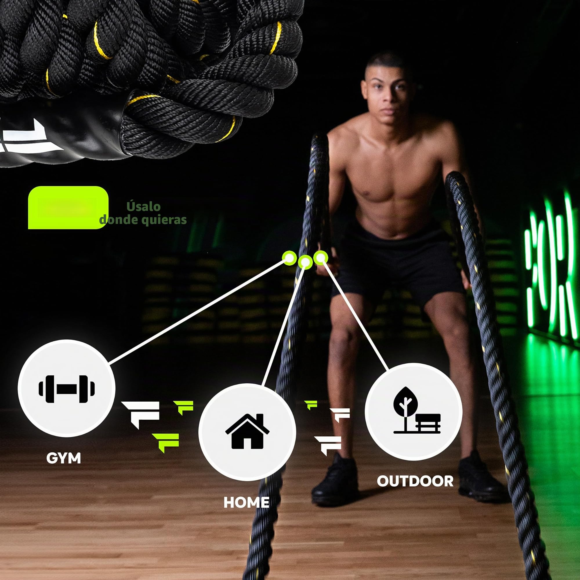 FIZYO Battle Rope – Cuerda de Entrenamiento Robusta para Functional Training, Cross Training, Fuerza y Resistencia – Diámetro 3,8 cm, Construcción de 3 Hebras – Home Gym y Exterior (9m)