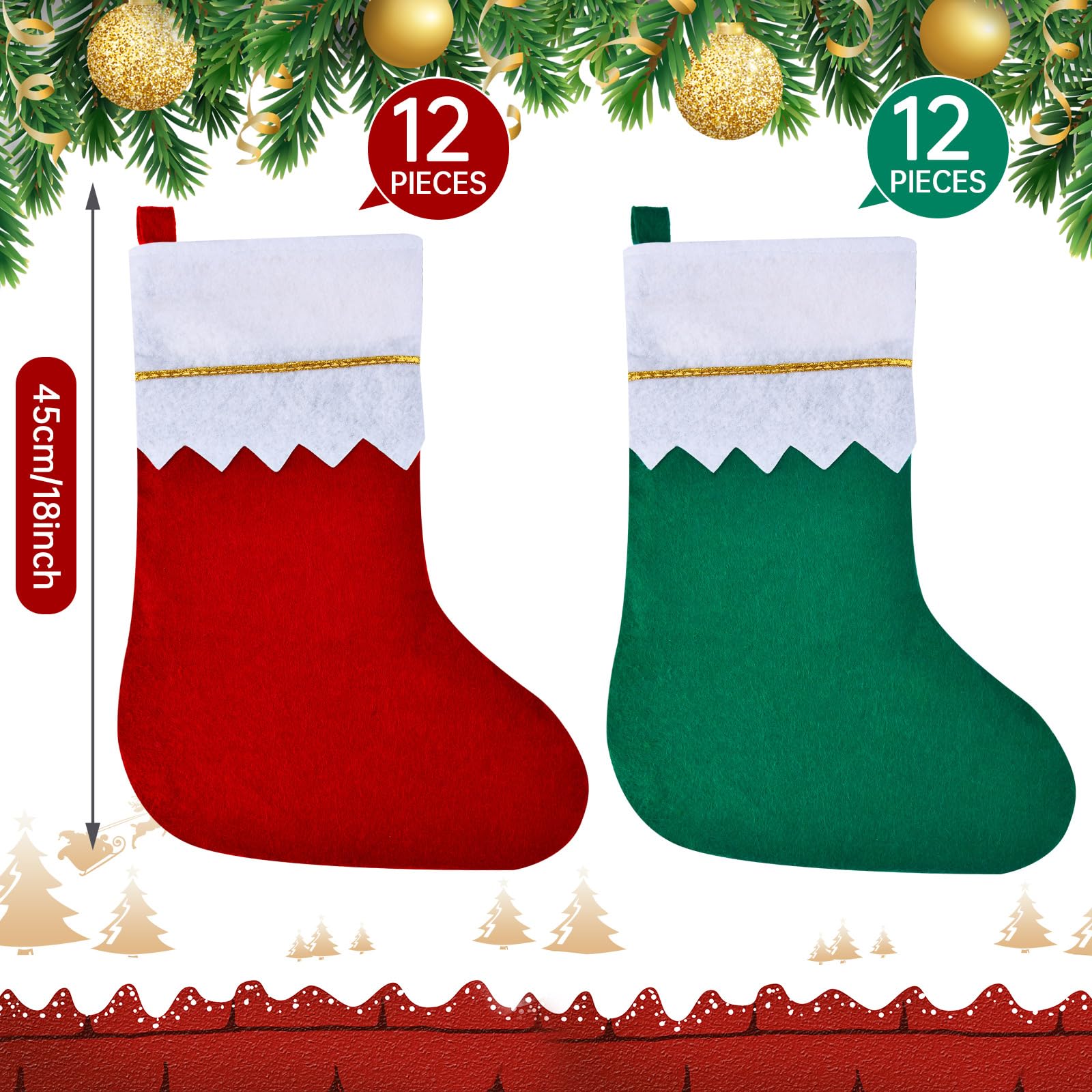 Skylety Lot de 24 chaussettes de Noël en feutre à suspendre pour sapin de Noël en famille, décorations de vacances à faire soi-même, grands sacs de Noël pour enfants (17,8 x 45,7 cm)