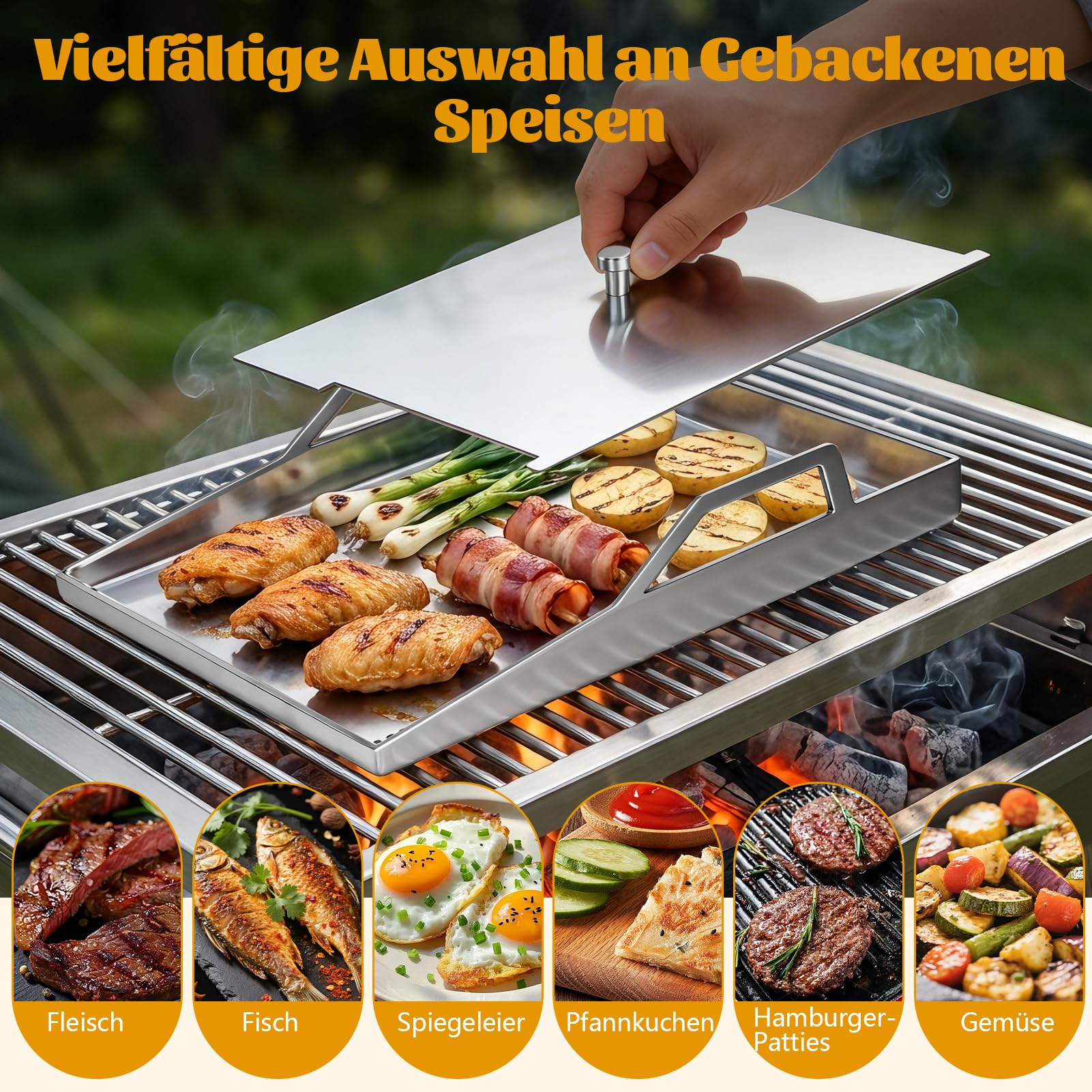 Edelstahl Grillplatte Plancha Universal 40x30 cm Gas Holzkohlegrill Anti-Stick | Grillschale für Kohle und Gasgrill Burger Spiegelei Grill Platte mit Deckel