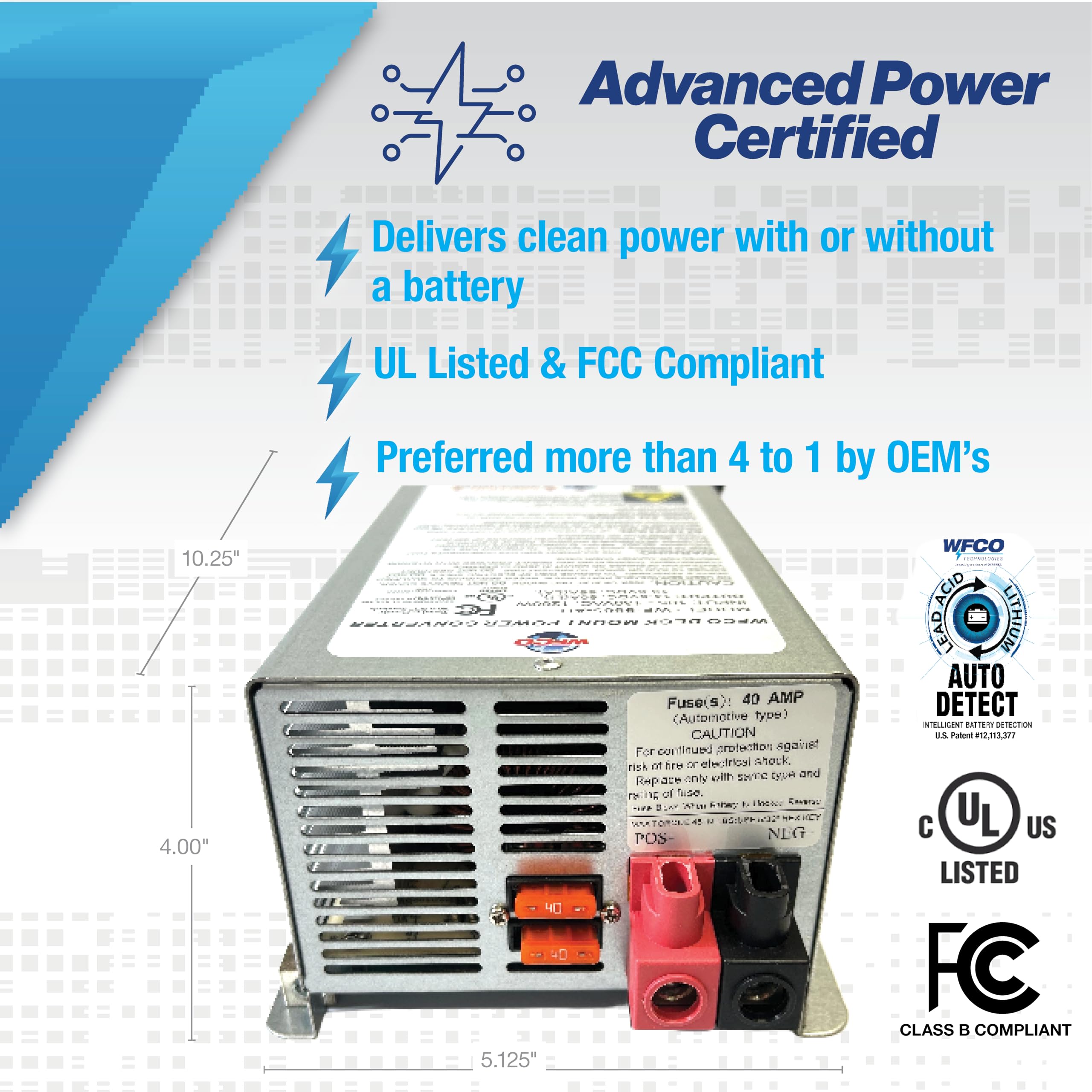 WFCO Arterra WF-9865-AD-CB Convertidor/Cargador - Montaje en Cubierta - Salida CC de 65 amperios (Cable de alimentación de CA de 20 amperios), Gris