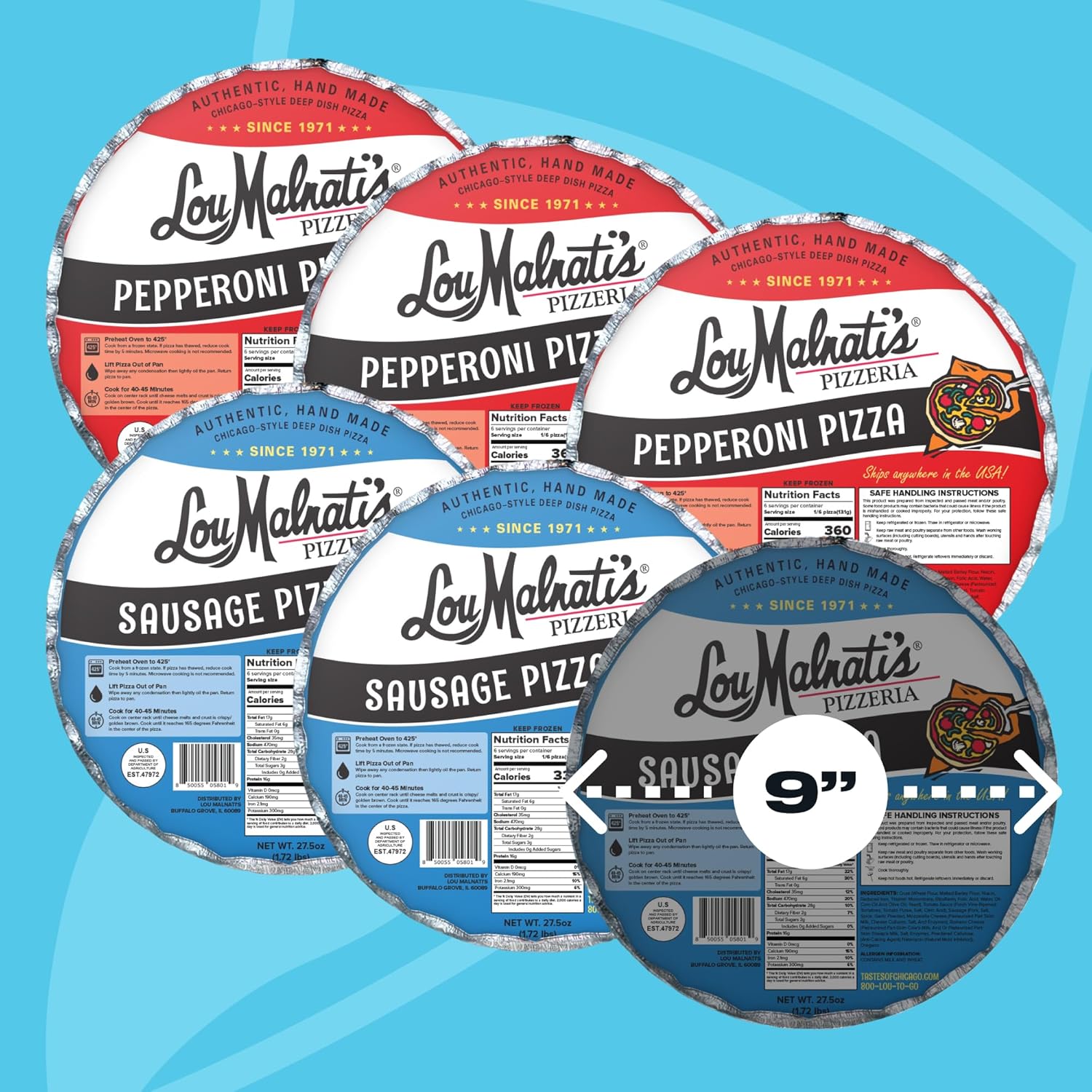 Lou Malnati’s Chicago Deep Dish Pizza, 6-Pack (3 Pepperoni 3 Sausage) | Handmade, Restaurant Quality