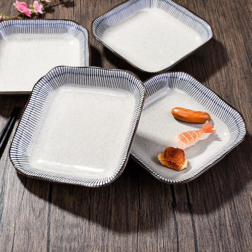 Miniatura 6 de Plato cuadrado de cerámica con línea azul japonesa de 7 pulgadas, juego de 4 platos adecuados para pasta, arroz, postres, ensaladas, tortillas y
