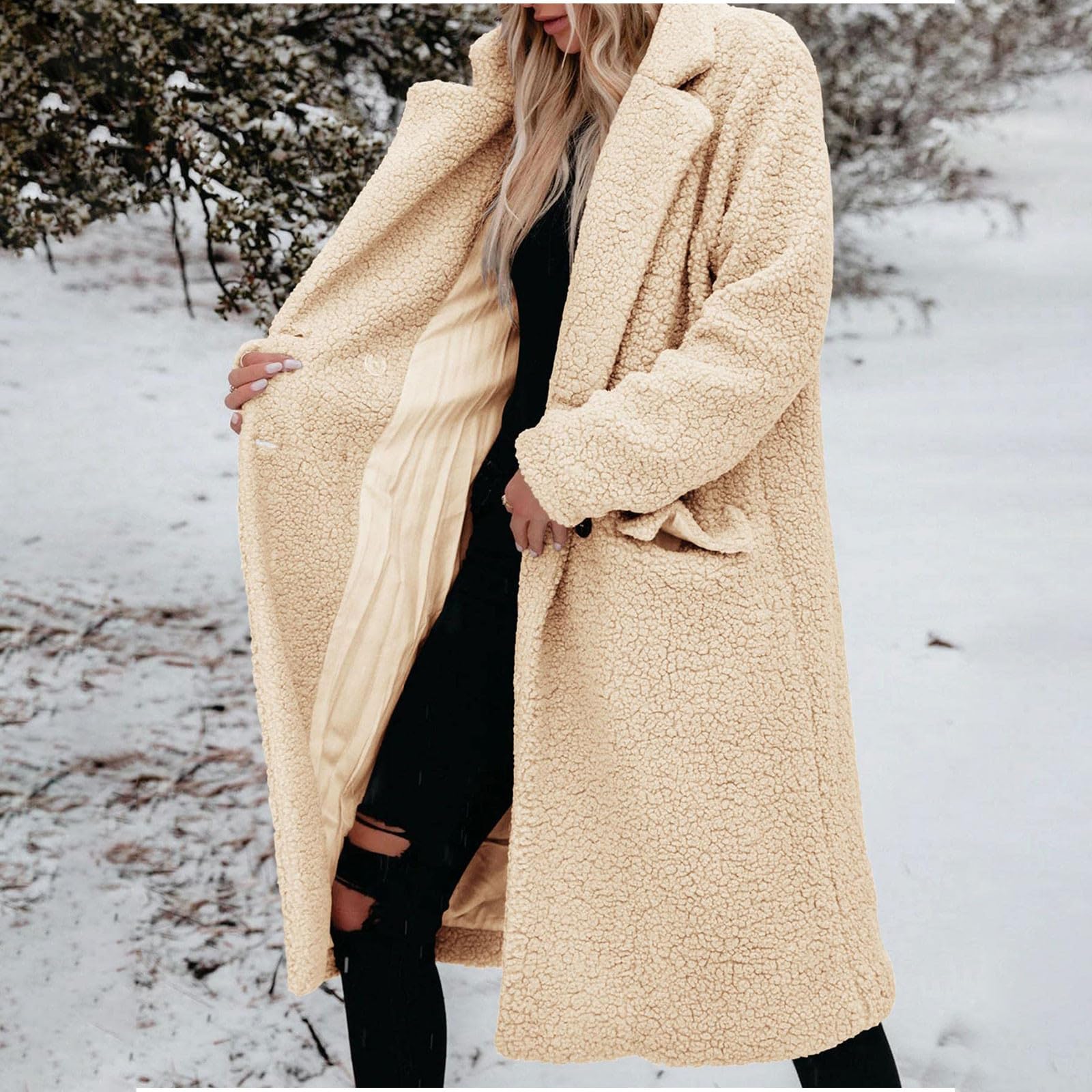 Fleecejacke Damen Lang Wintermantel Flauschig Plüschjacke Einfarbig | Fleecejacke Damen Ohne Kapuze Plüschmantel Winddicht Teddyfleece Jacke Mit Taschen Flauschjacke Mit Knöpfen Mantel Warm