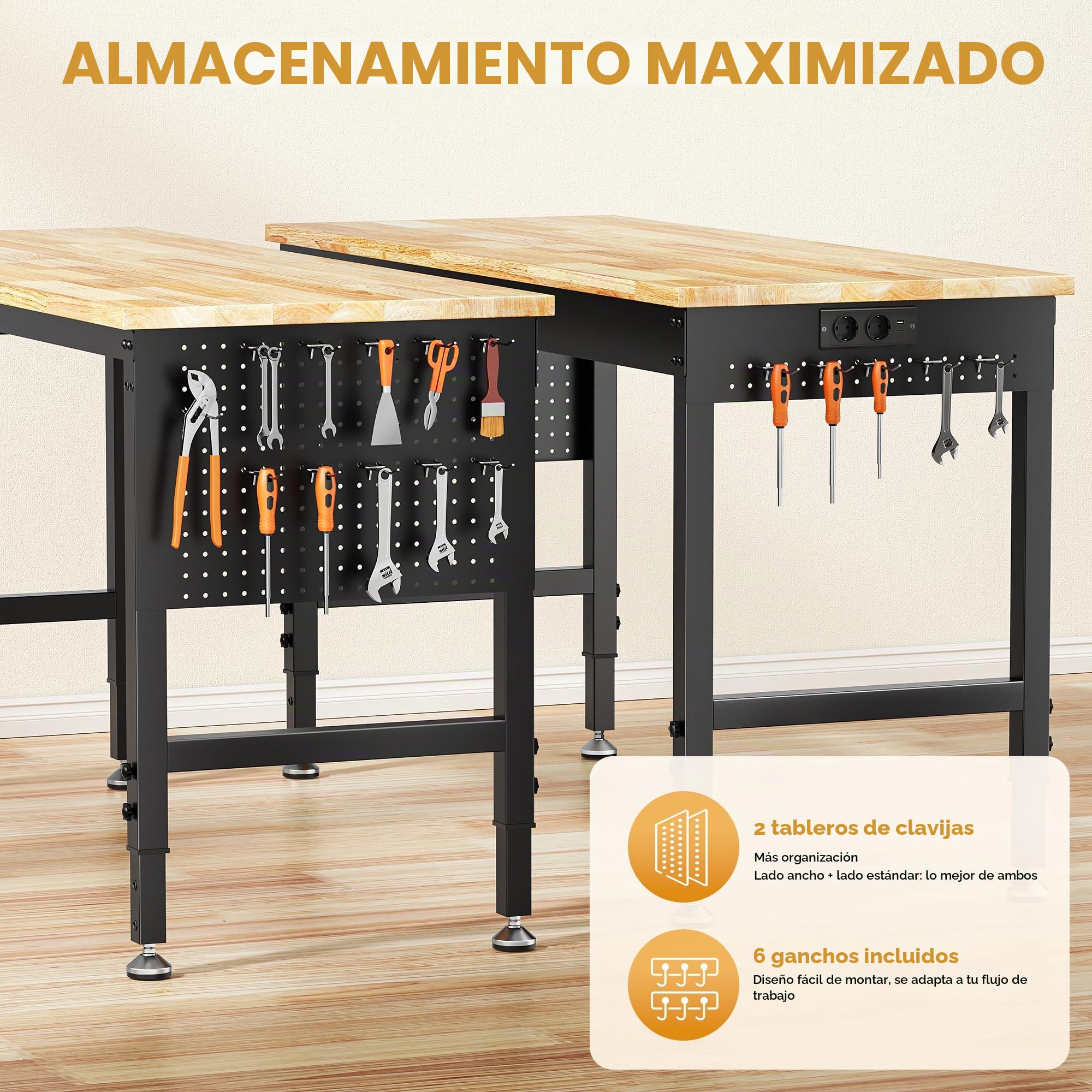 Banco de trabajo ajustable de alta resistencia de 152 x 55 cm, capacidad de carga de 2000 libras, mesa de trabajo de madera de caucho con tablero de clavijas, regleta de alimentación integrada, 6