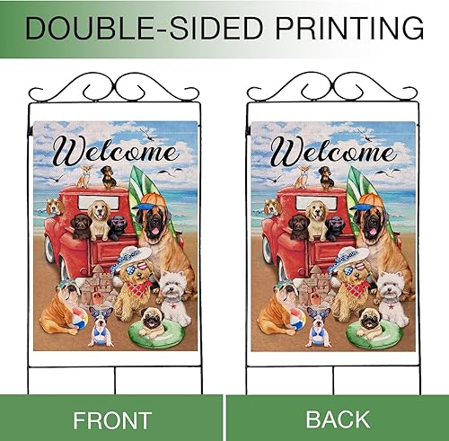 Miniatura 10 de Bandera de bienvenida para casa de playa de camión rojo de verano con perros de verano, de doble cara, para recoger cachorros de mar y océano azul,