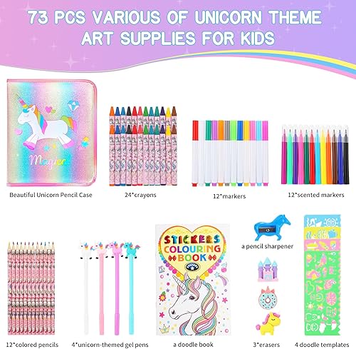 Miniatura 7 de Juego de 73 marcadores perfumados de frutas con estuche de unicornio con purpurina, suministros de arte para niños de 4 a 6 a 8 años, regalos