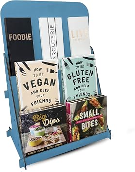 TORCHED DISPLAYS Greeting Card Organizer Display Stand 3-Tiered Picture Stands for Display Multipurpose Wooden Stand Ideal for Greeting Cards, Photos, Birthday Cards, Baseball Card Stand - Blue