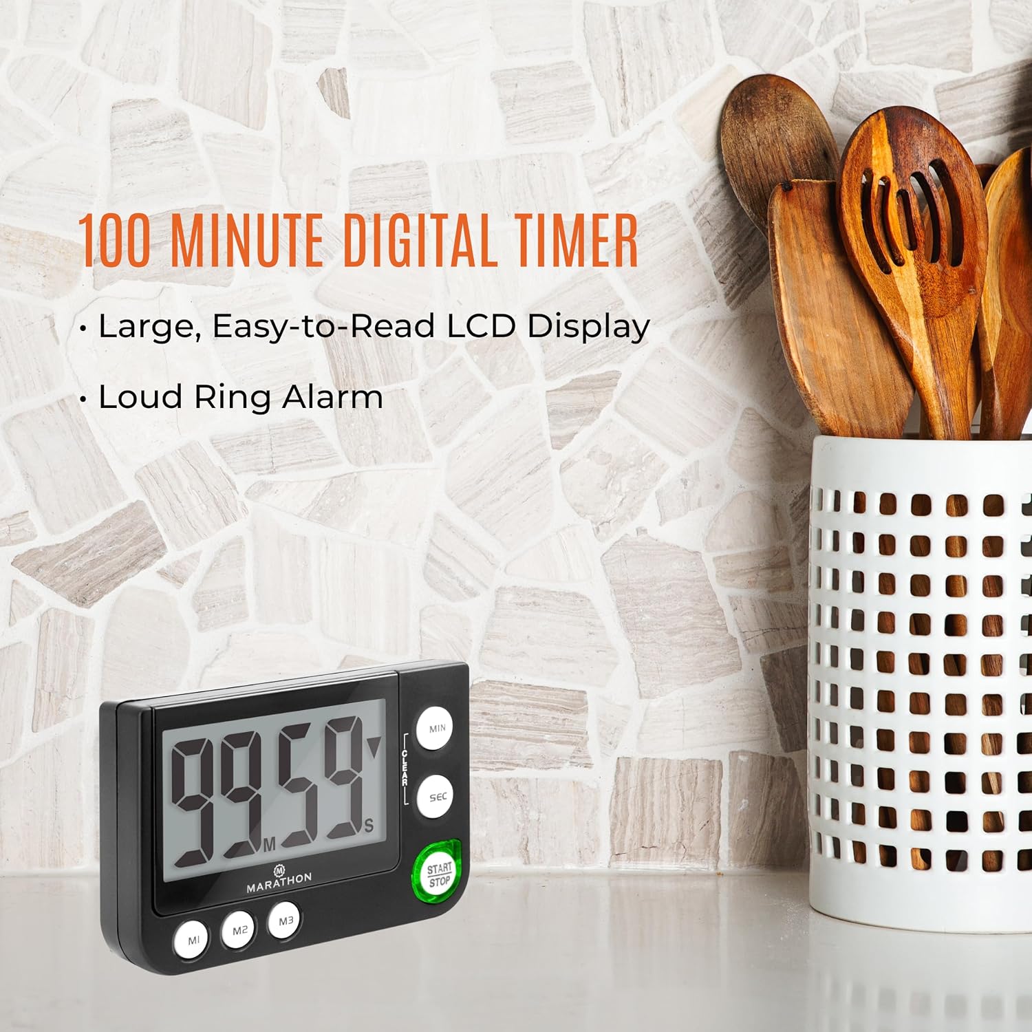 Marathon 100 Minute Digital Timer on a kitchen counter next to wooden utensils.