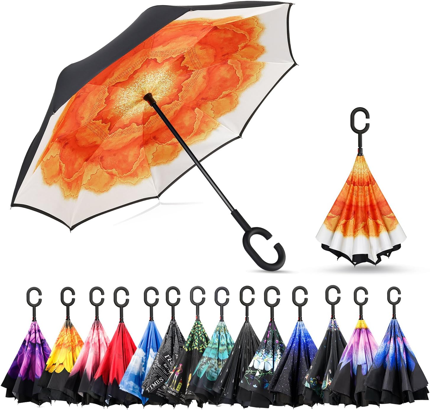 Elover Inverted Umbrella with C-Shaped Handle Inside Out Windproof Umbrella Upside Down Reverse Umbrella Double Layer Travel Umbrella