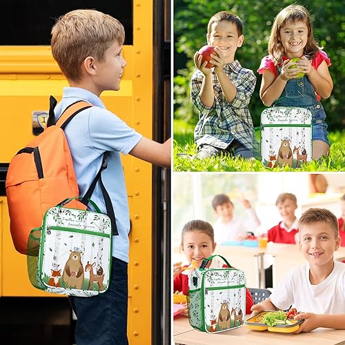 Miniatura 7 de Clastyle Lonchera aislada con diseño de ciervo, oso y zorro, bolsa de almuerzo escolar para niños y niñas, bolsa de mano para picnic al aire libre,
