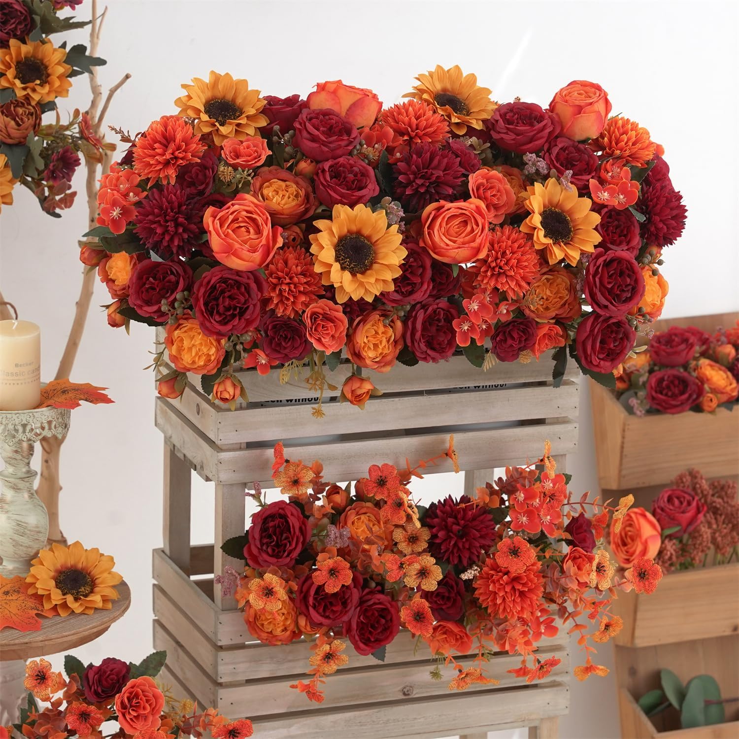 4 Pcs Mixed Autumn Artificial Peony Flower Set-2 Bouquets & 2 Stems, Burnt Orange Wine Red Fake Peony Sunflower Silk Flower for Fall Table Centerpiece Farm Wedding Thanksgiving Halloween Home Decor
