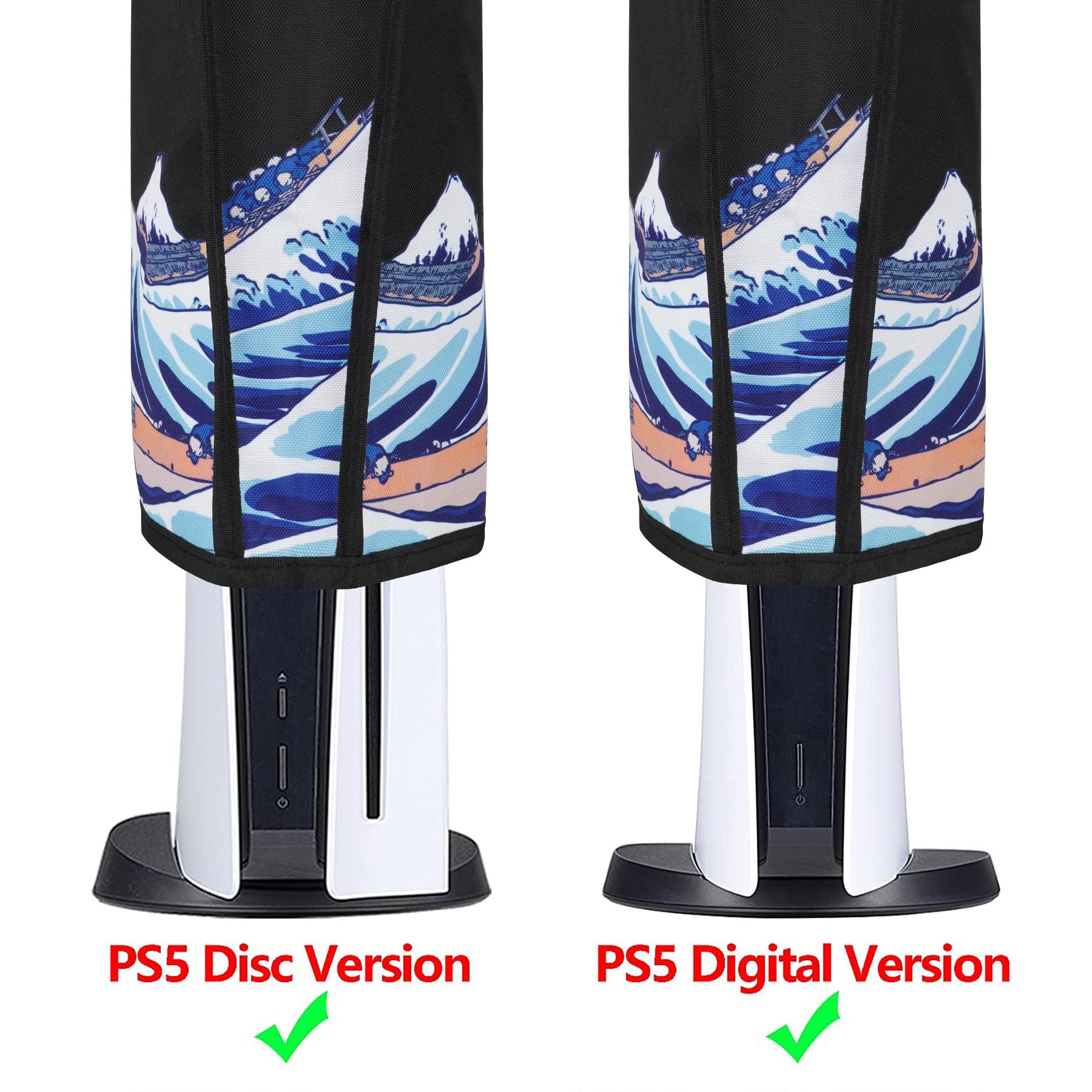 PlayVital Cover per ps5 Console, Copertura Antipolvere Impermeabile Verticale in Nylon per ps5 Standard Console Disc&Digital Edition (Non per Slim/Pro),Grande Onda Nera