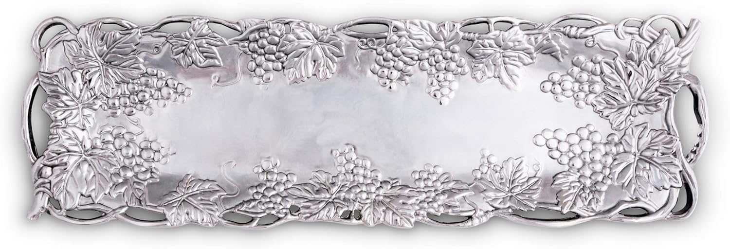 Elegant Mediterranean Polished Aluminum Oval Serving Tray with Grape Design