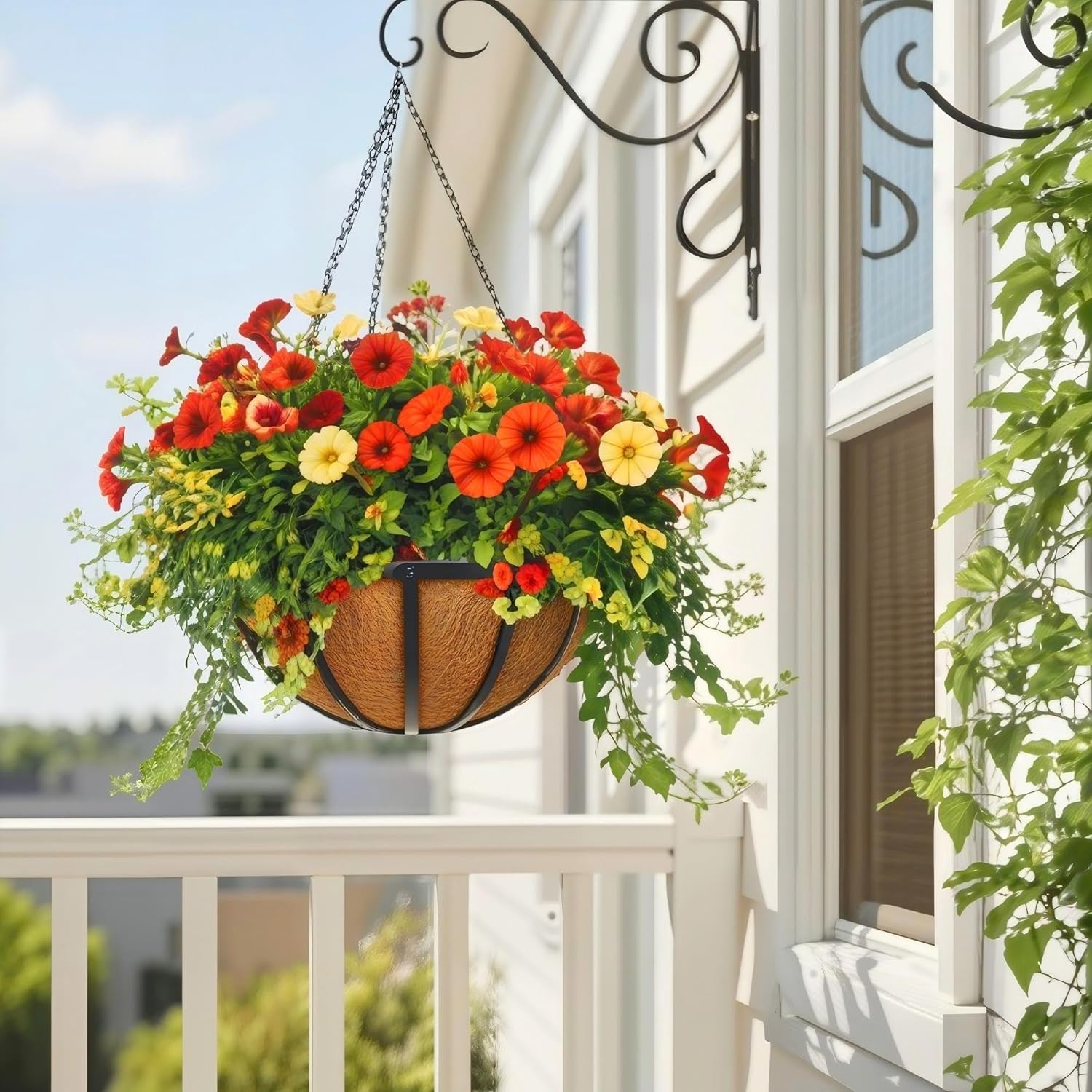 12 Inch 2 Pack Metal Hanging Planter Basket with Coconut Fiber Liner Hanging Plant Flower Pot for Home Garden Patio Decoration,Metal Flat Iron Pattern （Flat Iron Pattern）