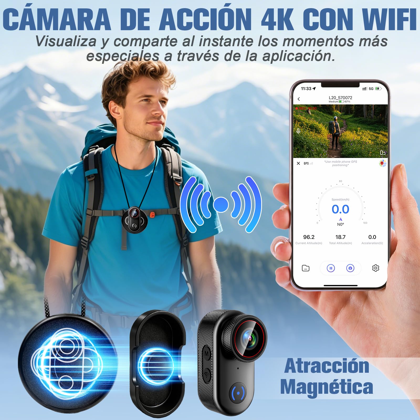 LXMIMI Mini Cámara de Acción con WiFi, Cámara Corporal 4K, Cámara Deportiva | Cámara POV Portátil con Imán y Pantalla, 150°, WiFi, Cámara de Acción de 16 GB para Bicicleta, Casco de Moto y Vlogs