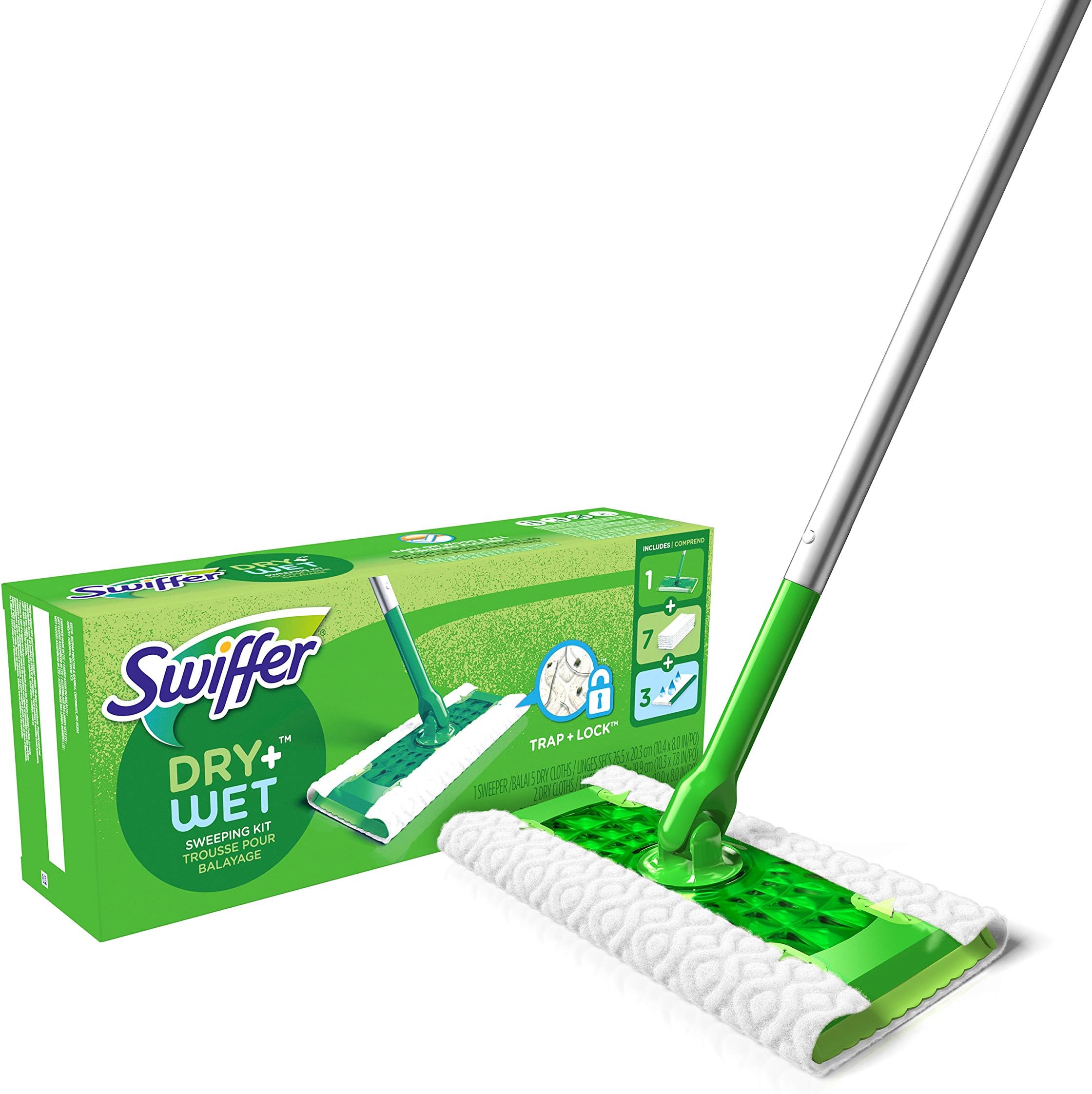 Swiffer Sweeper Dry + Wet Sweeping Kit - 1 Sweeper + 7 Dry Cloths + 3 Wet Cloths, 11 Piece Set