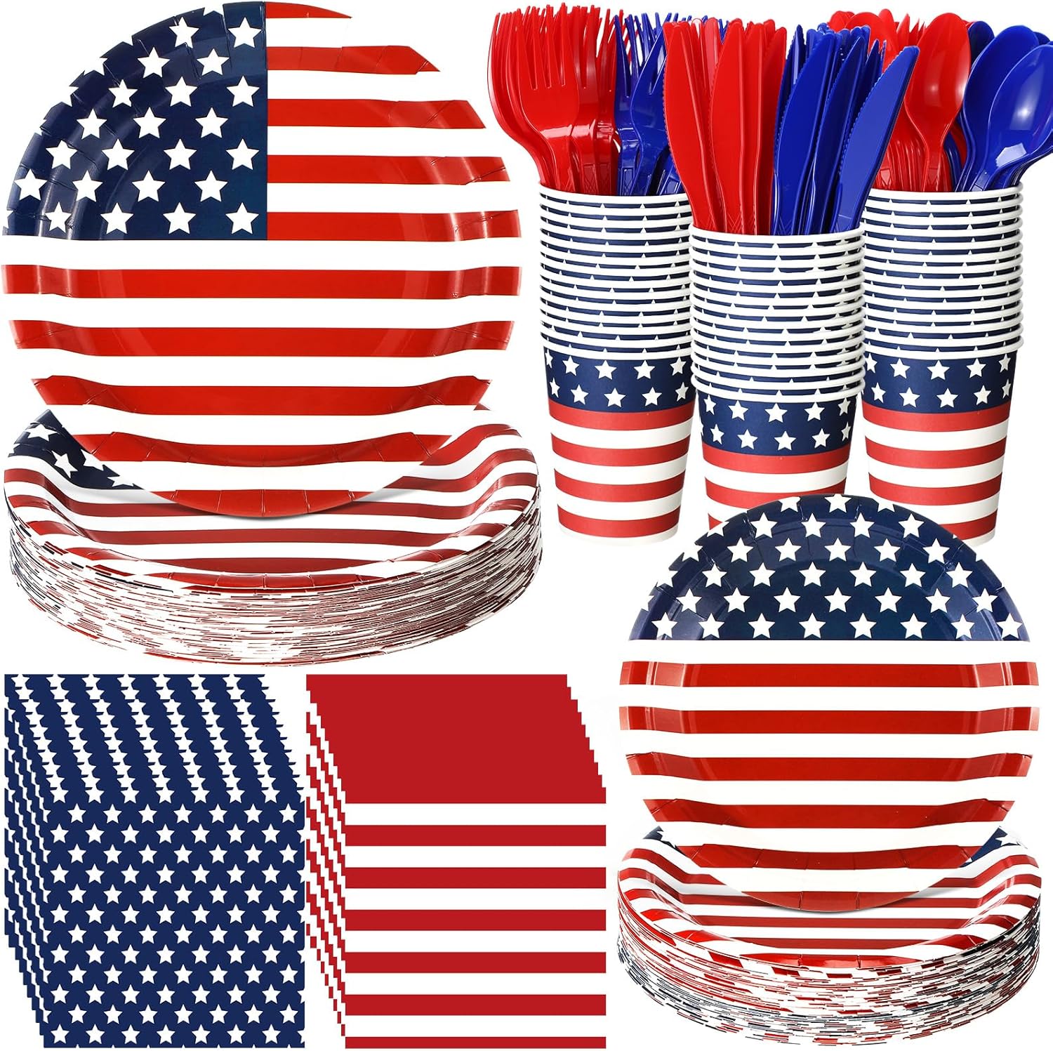 400 Pcs American Flag Patriotic Party Supplies Red White Blue Disposable Paper Plates Napkins and Cups Veterans Election Tableware for Independence 4th of July Labor Memorial Day(Retro)