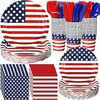 400 Pcs American Flag Patriotic Party Supplies Red White Blue Disposable Paper Plates Napkins and Cups Veterans Election Tableware for Independence 4th of July Labor Memorial Day(Stylish)