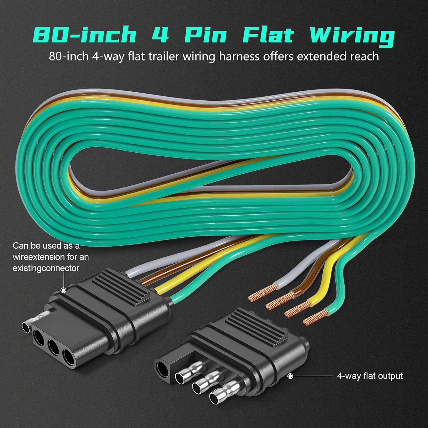 80 Inch 4 Way Flat Trailer Connector Harness Extension, 16AWG 4 Pin Plug Trailer Wire Extender, 4 Prong Male to Female Trailer Light Wiring for Hitch, Utility, Boat, or RV Trailers